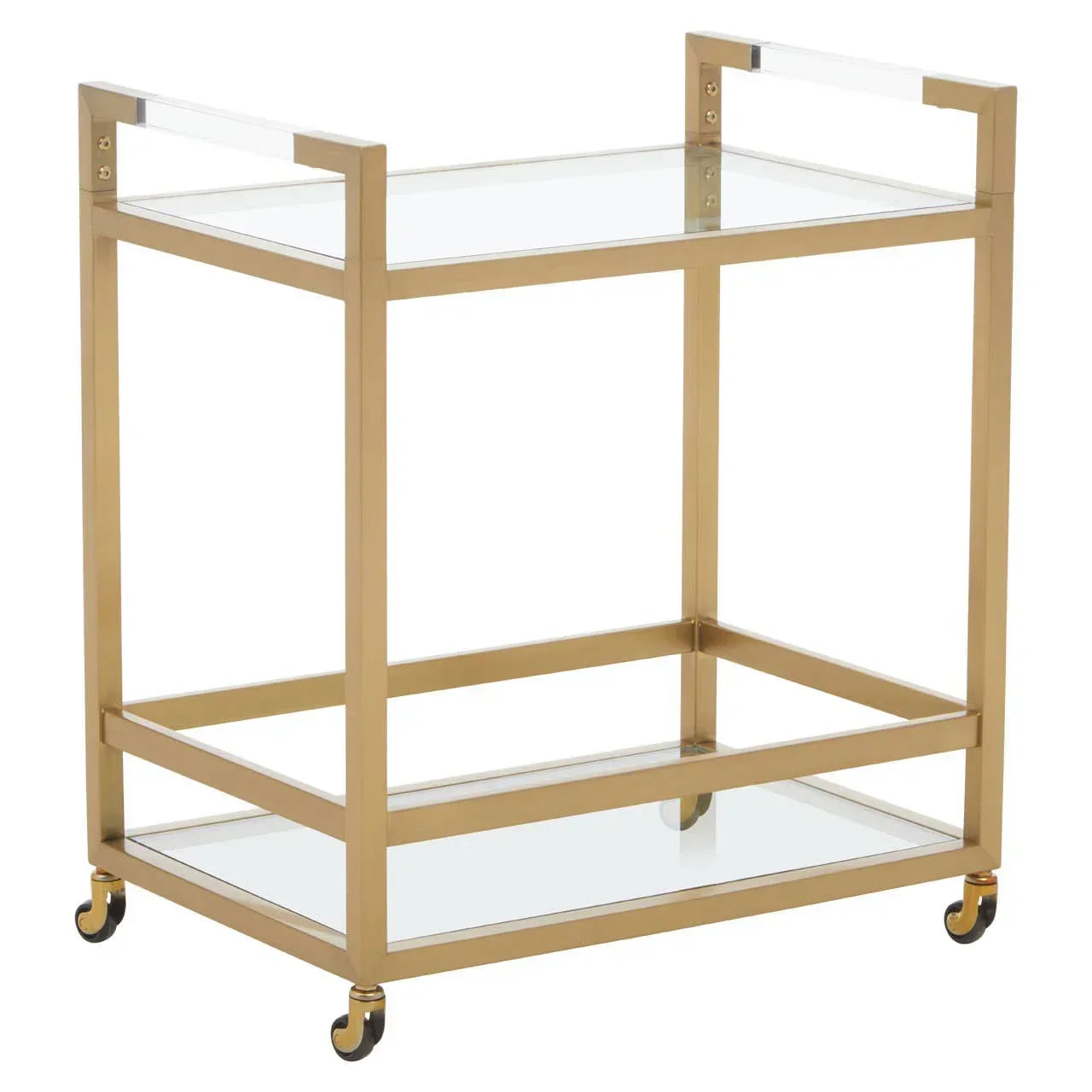Gold metal and glass drinks trolley with two shelves and swivel castor wheels