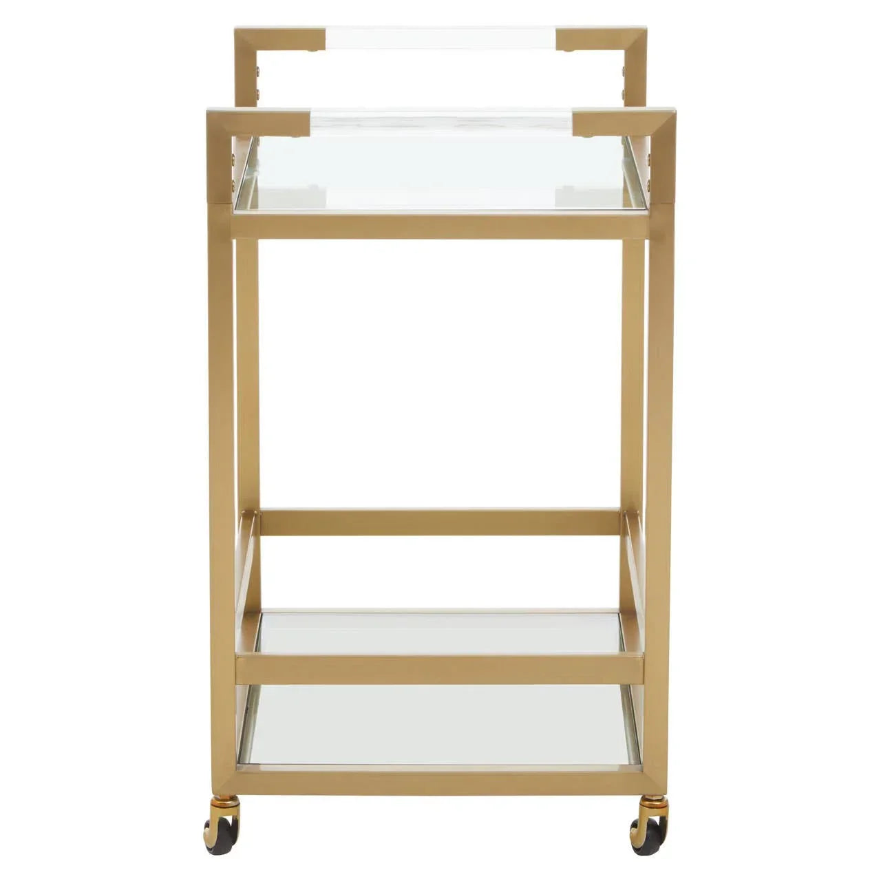 Gold metal bar cart with glass shelves and wheels, viewed from the front