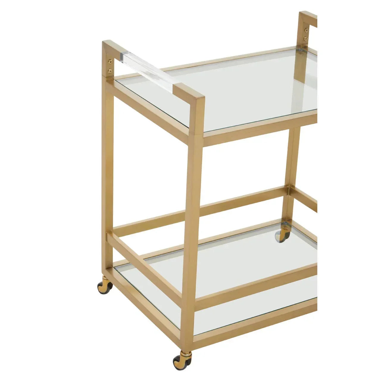 Gold metal and glass bar cart with two shelves and four caster wheels