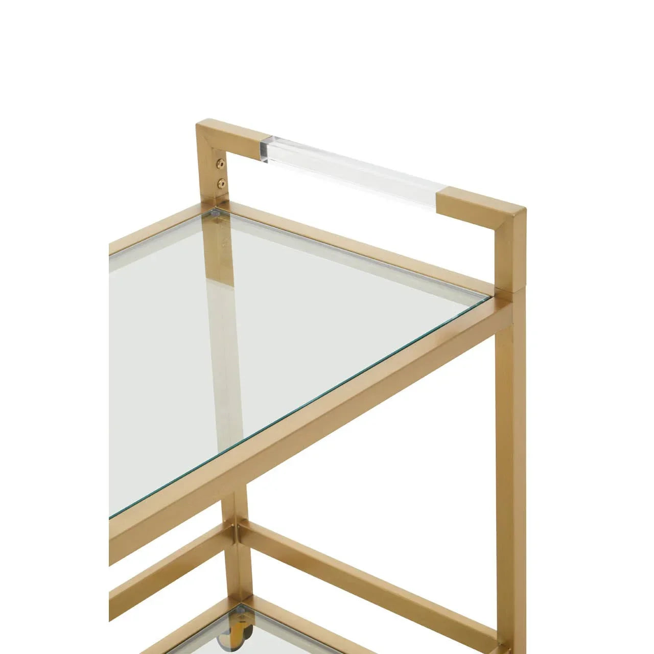 Gold metal and glass bar cart corner with clear acrylic handle, modern design detail