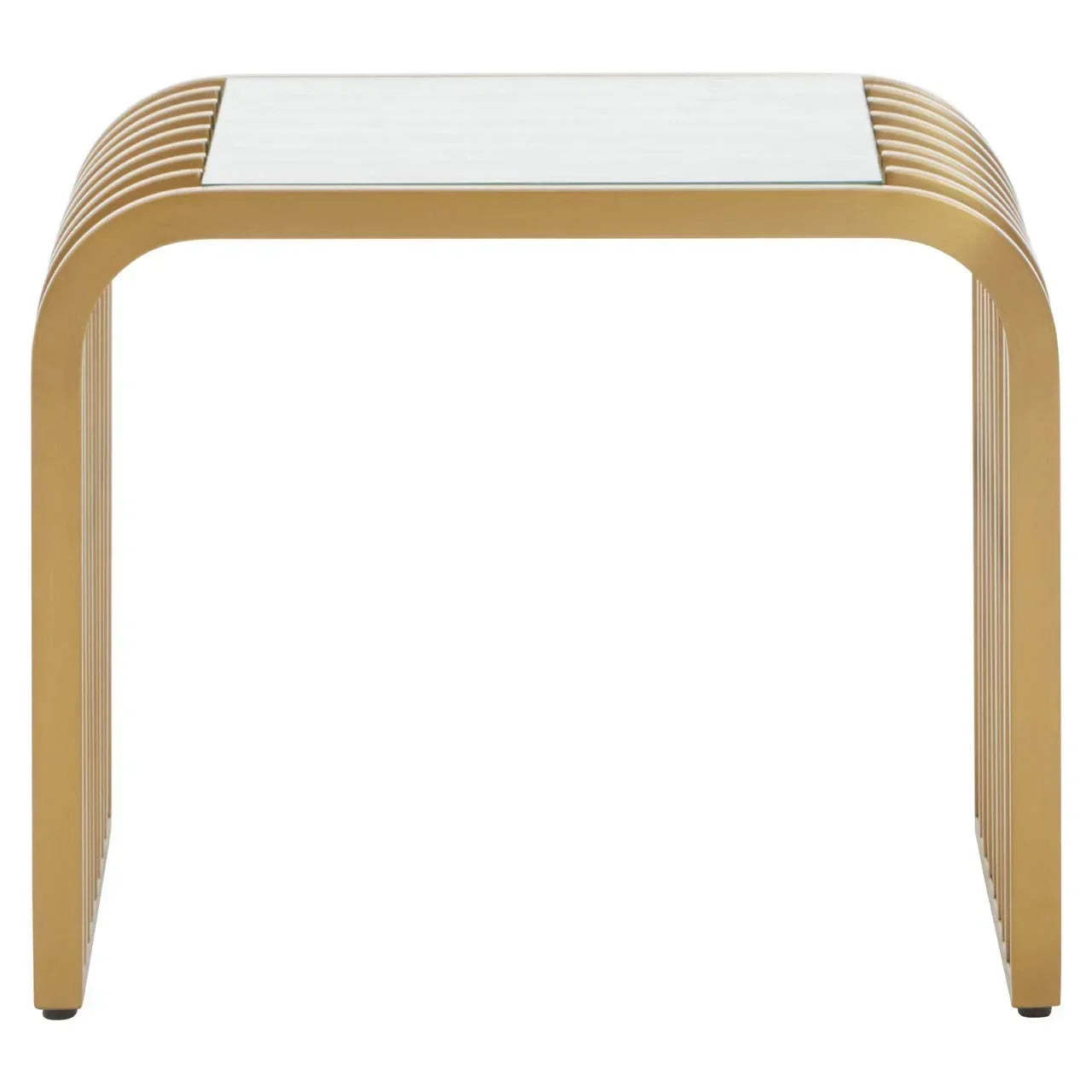 Gold metal and glass coffee table with modern curved frame, front view