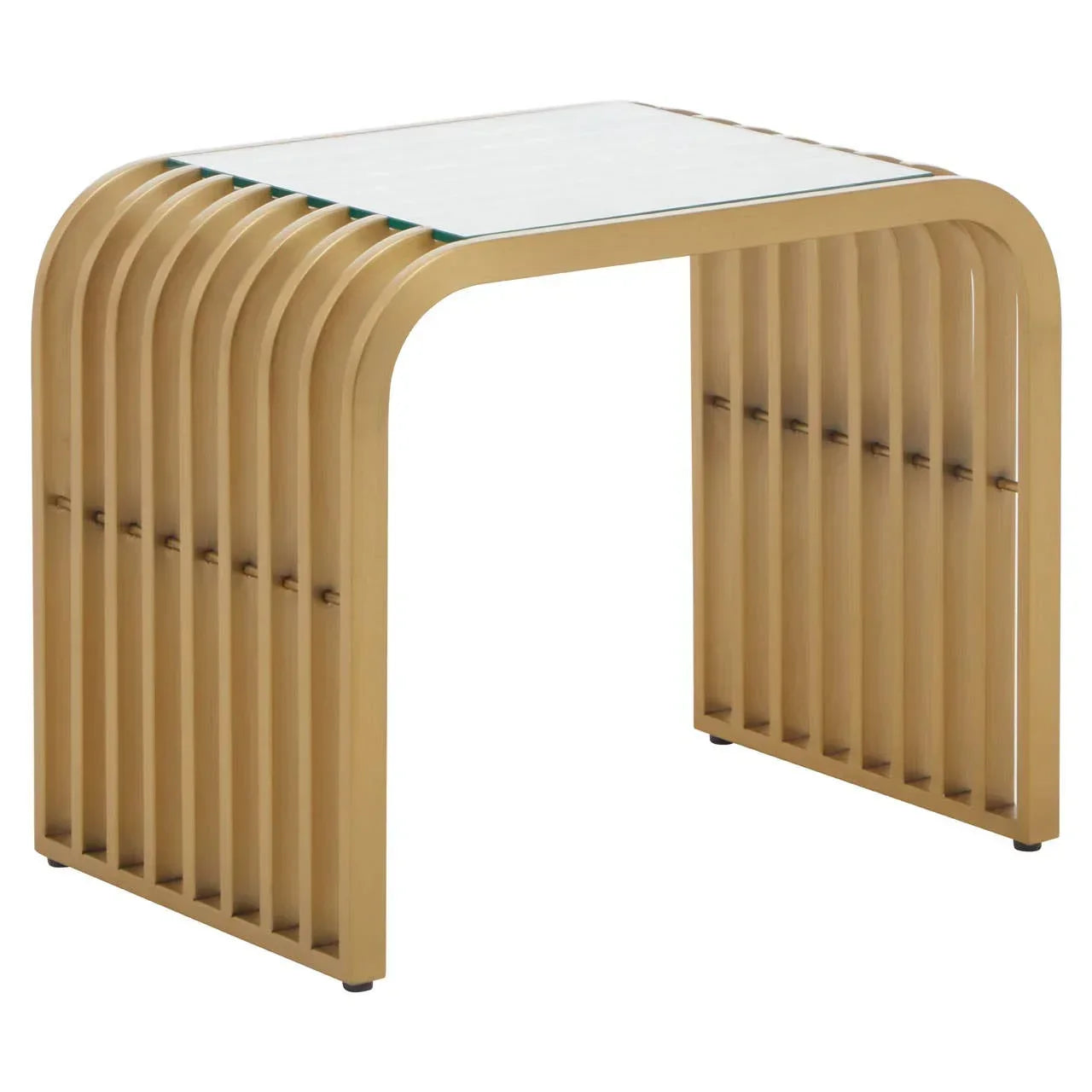 Modern side table with slatted wood frame and glass top, angled front view