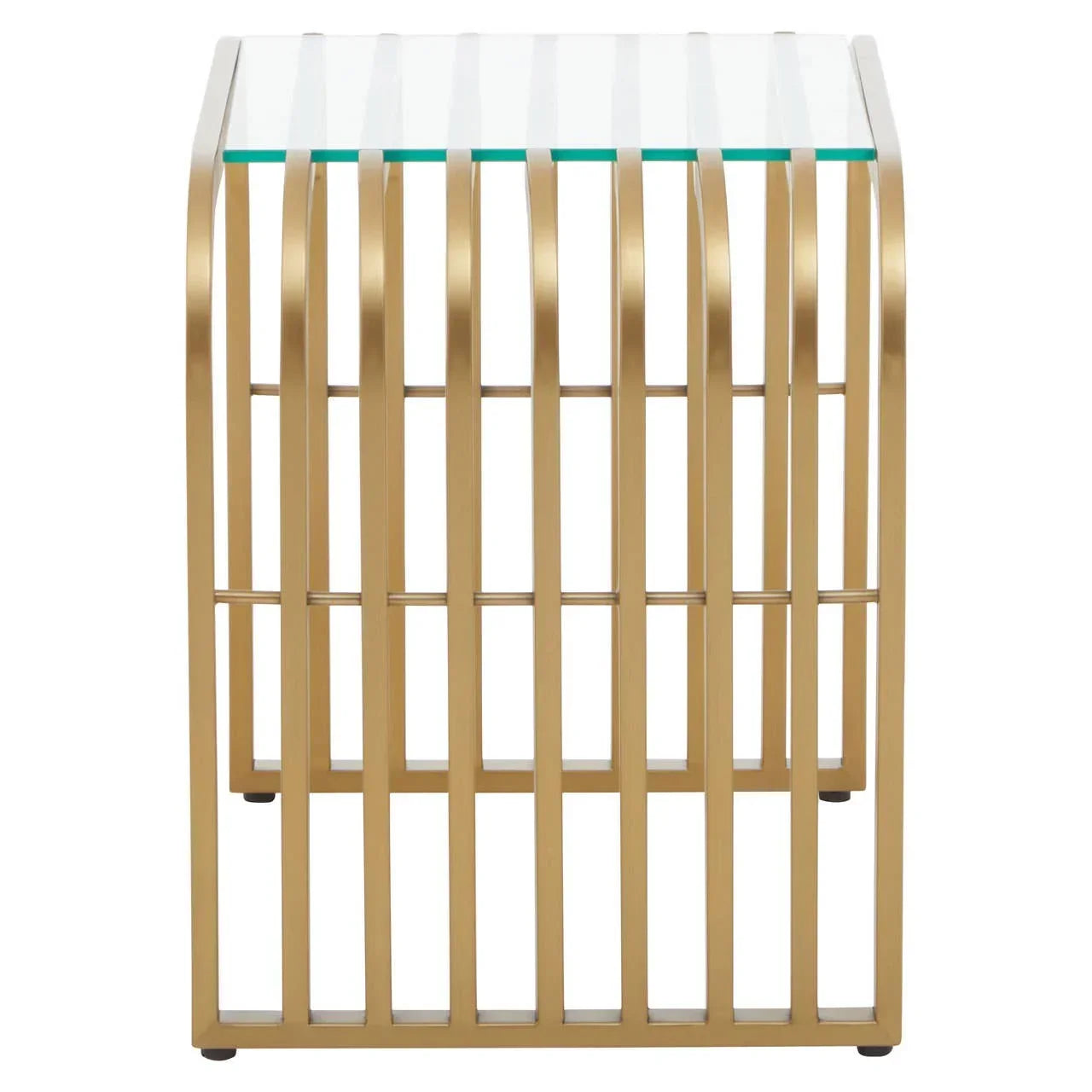 Gold metal and glass side table with vertical bars and modern design