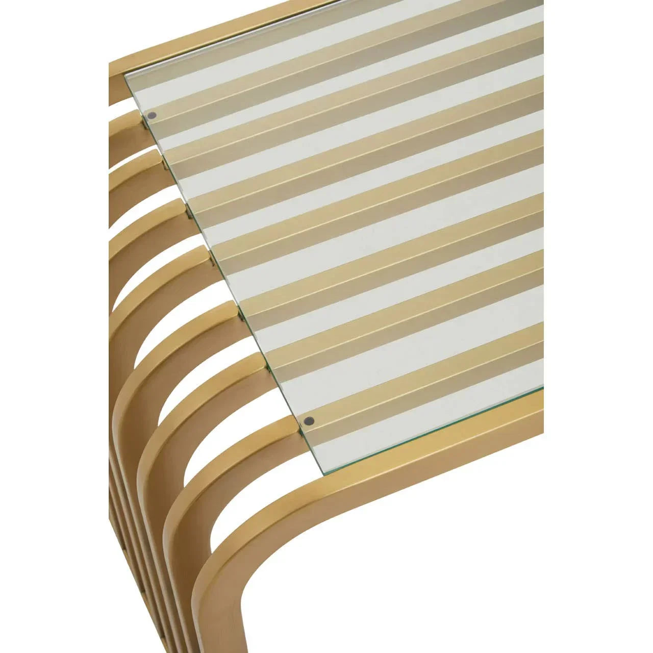 Close up of modern glass top coffee table with curved wooden legs and slatted design