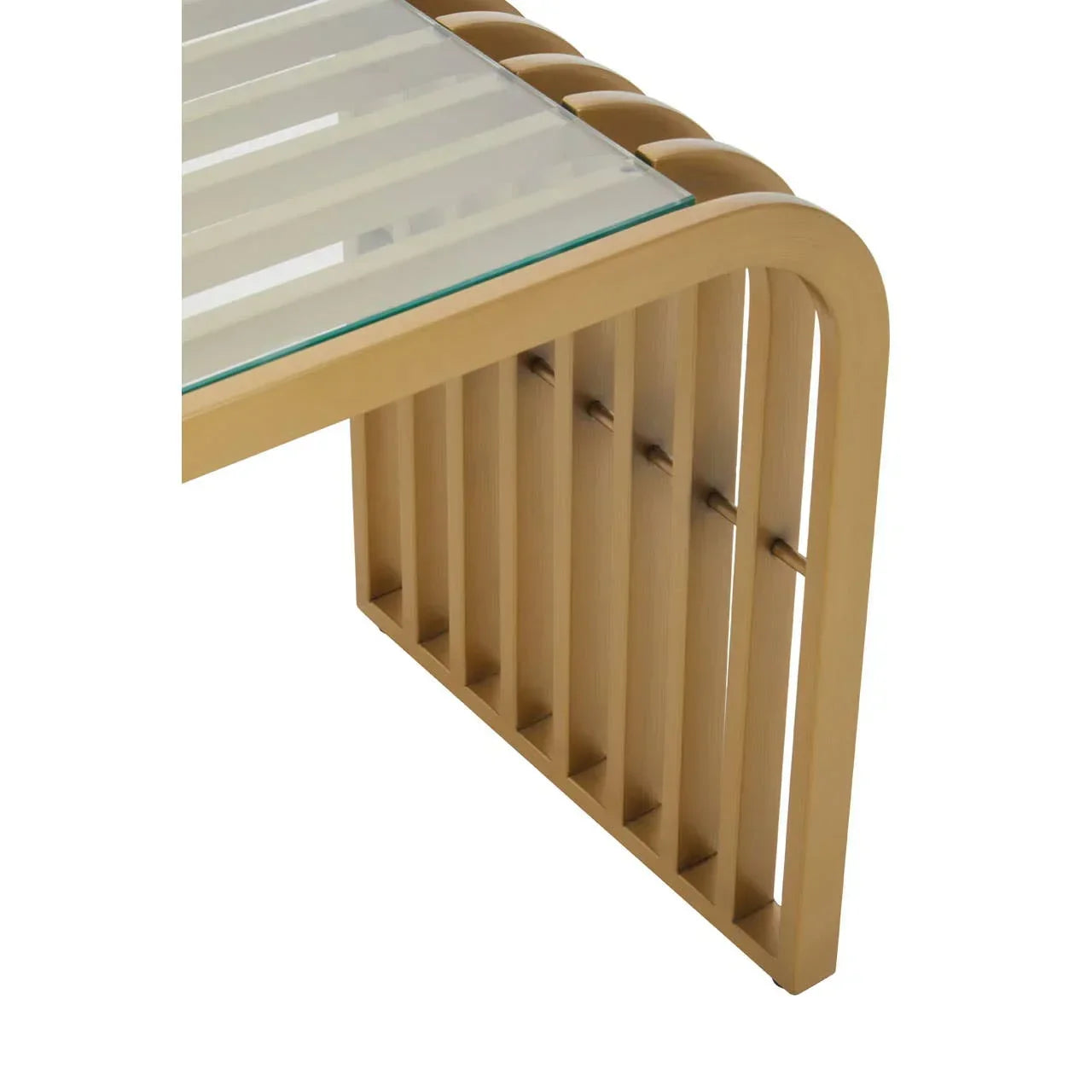 Modern wooden coffee table with glass top and slatted leg detail