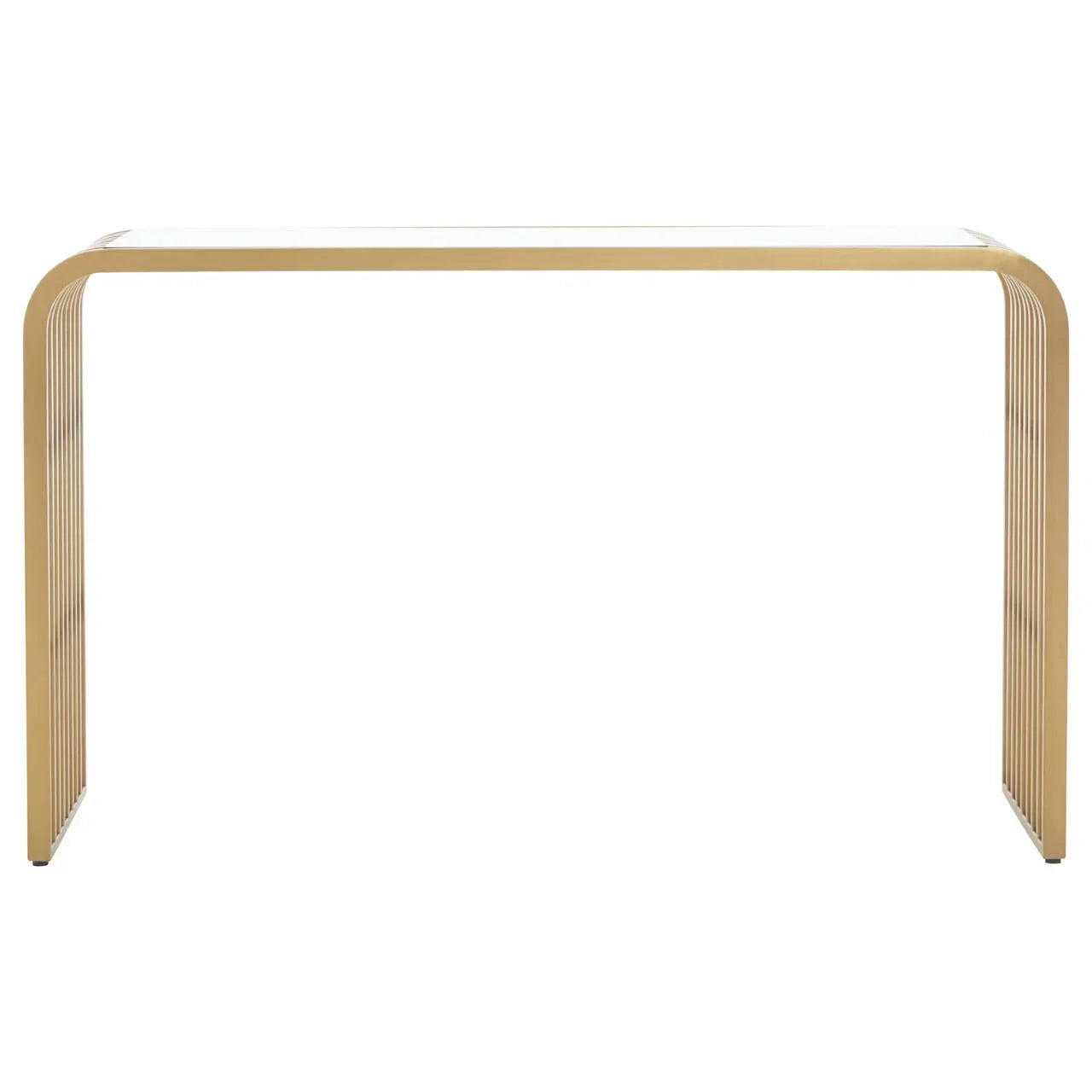 Gold metal console table with curved edges and slatted side design on white background