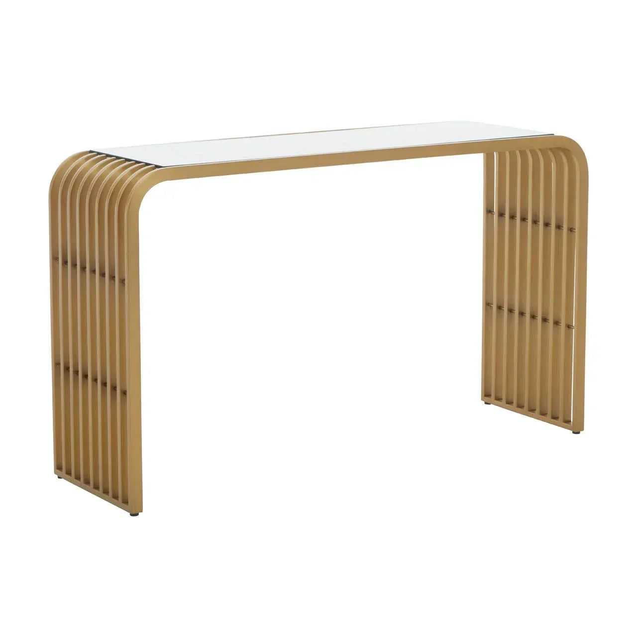 Modern console table with gold slatted metal legs and rectangular glass top