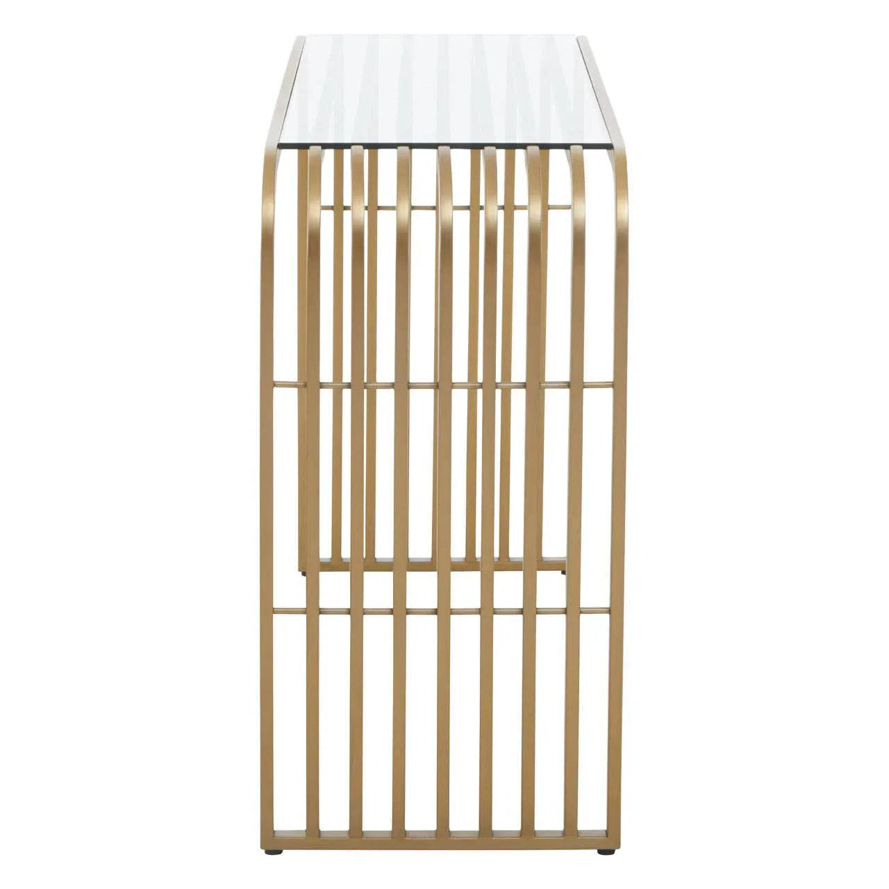 Gold metal console table with vertical bars and glass top, side view