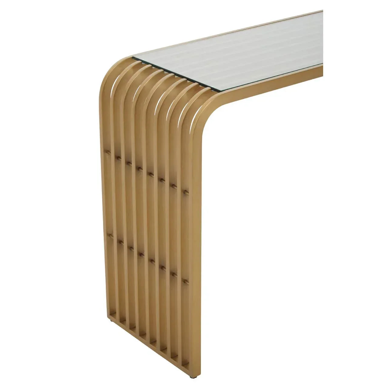 Gold metal console table with glass top and vertical slat design, side angle view