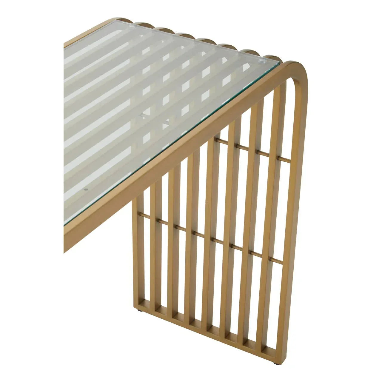 Modern console table with gold metal frame and glass top, close-up of corner and leg design