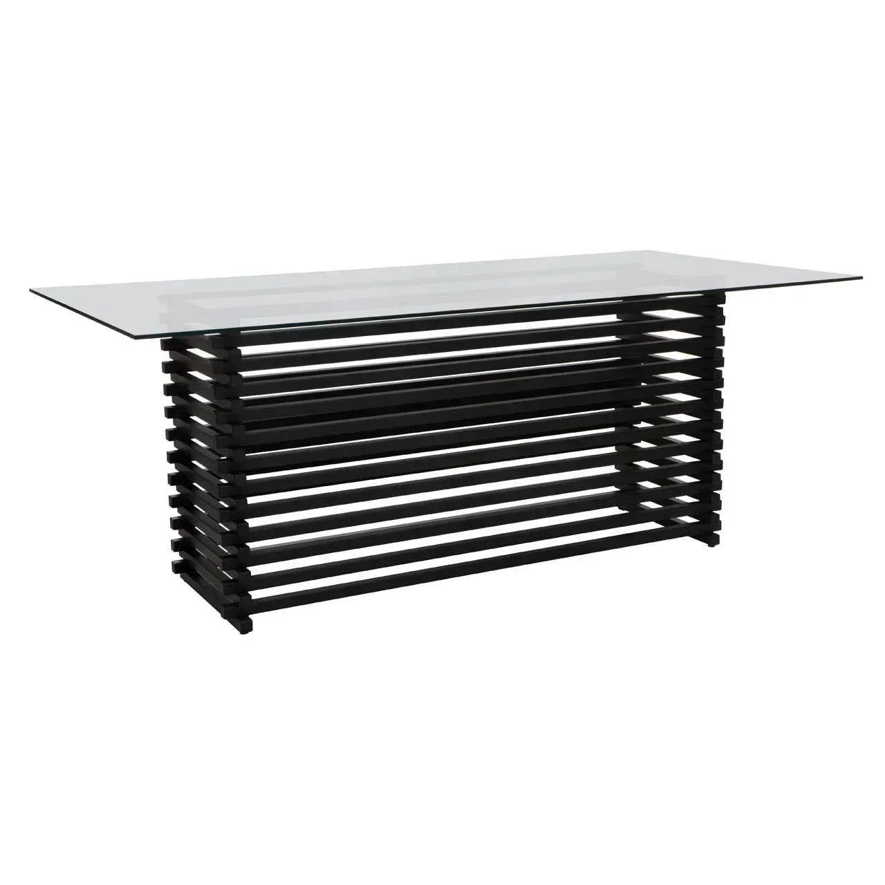 Modern glass dining table with rectangular clear top and black slatted base, side angle view