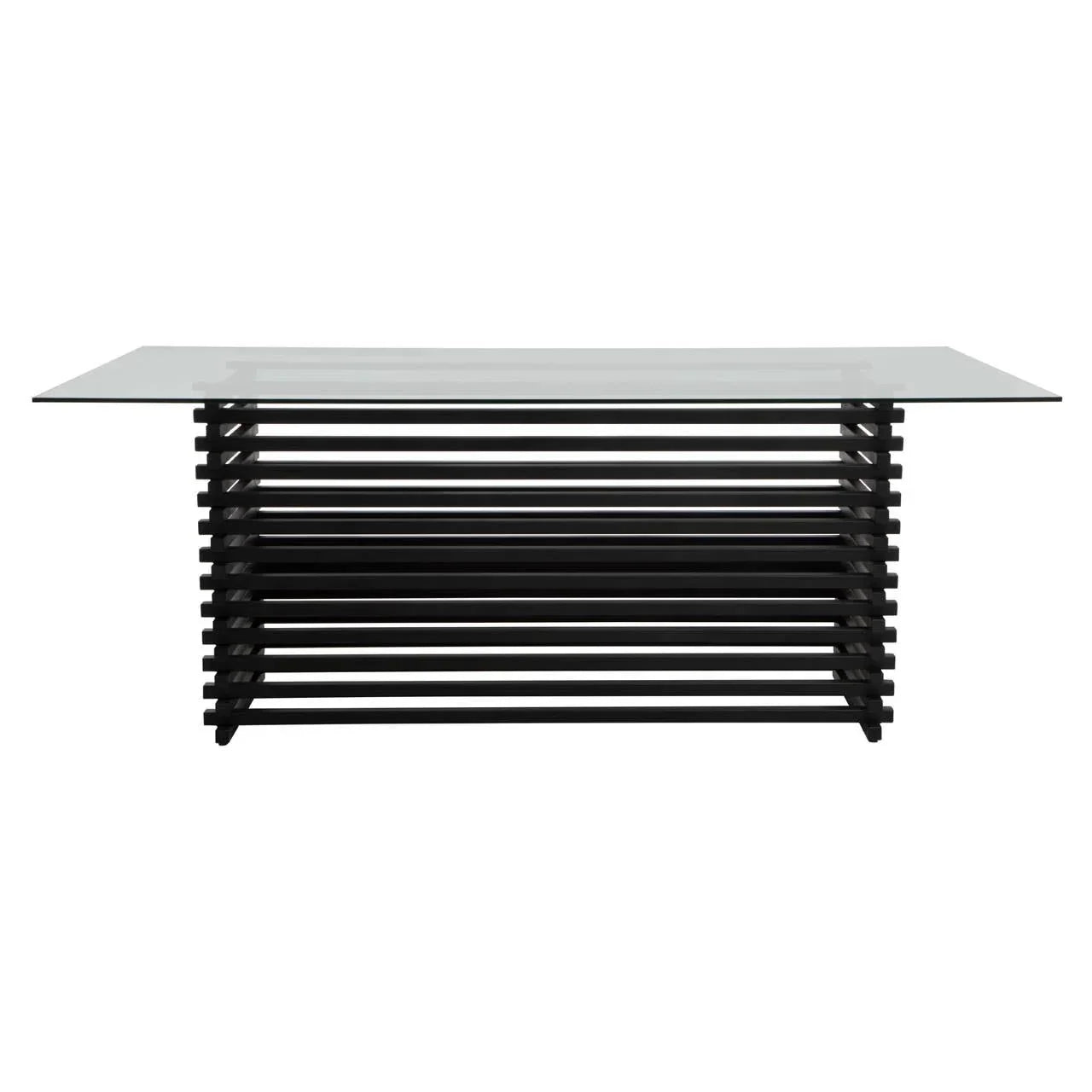 Modern glass dining table with rectangular top and black slatted base, front view