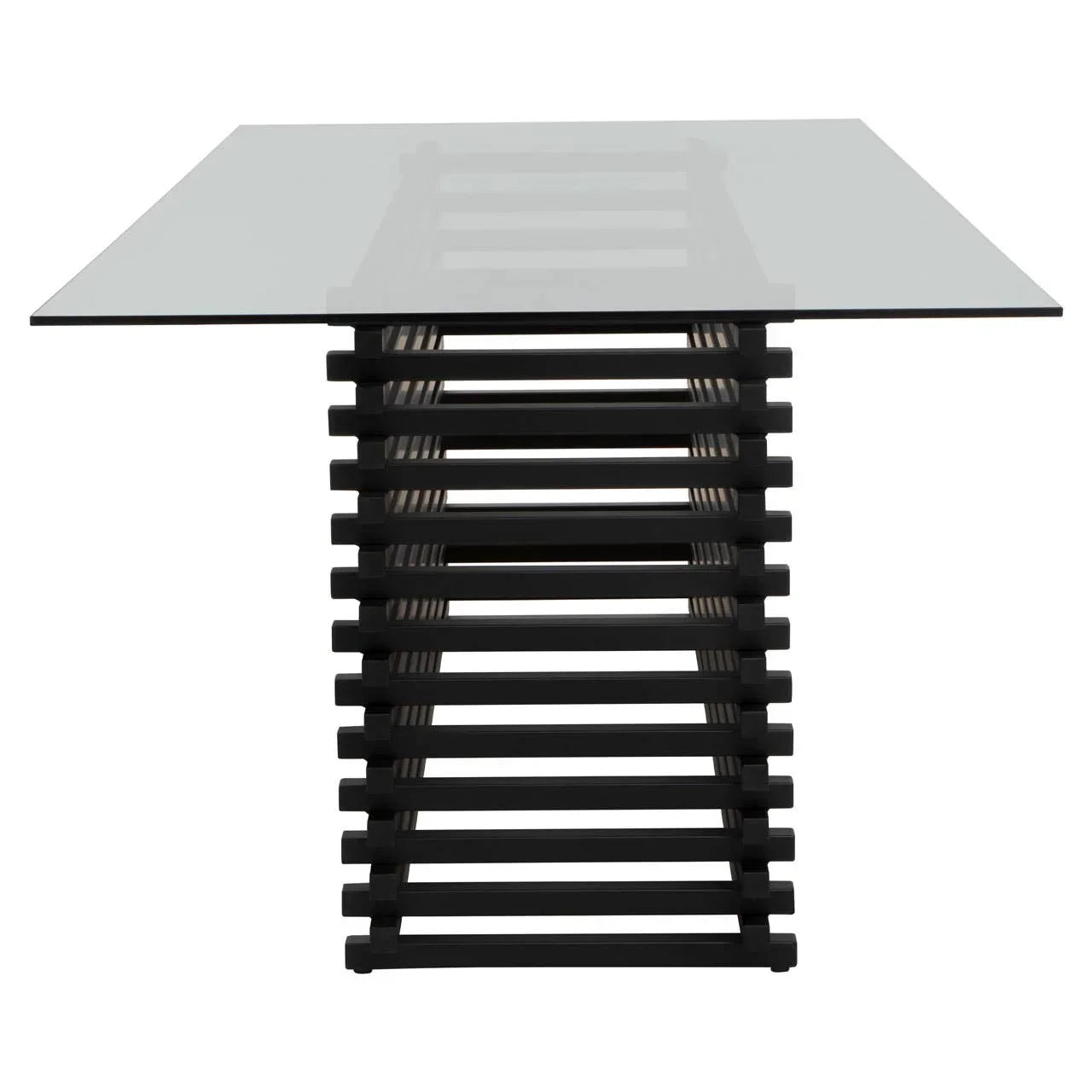 Modern dining table with clear glass top and slatted black wood base, front view