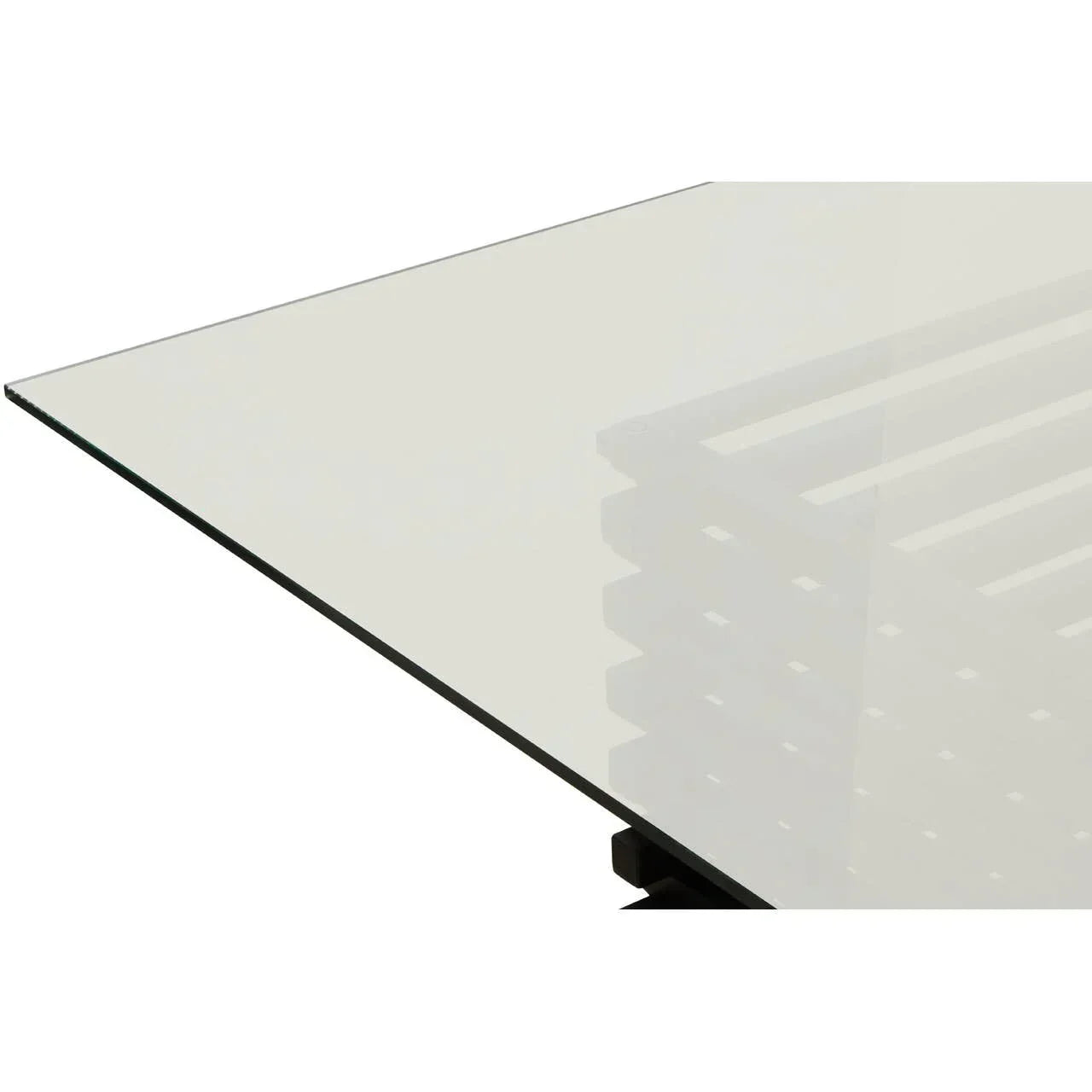Corner of modern glass dining table with slatted wood base detail