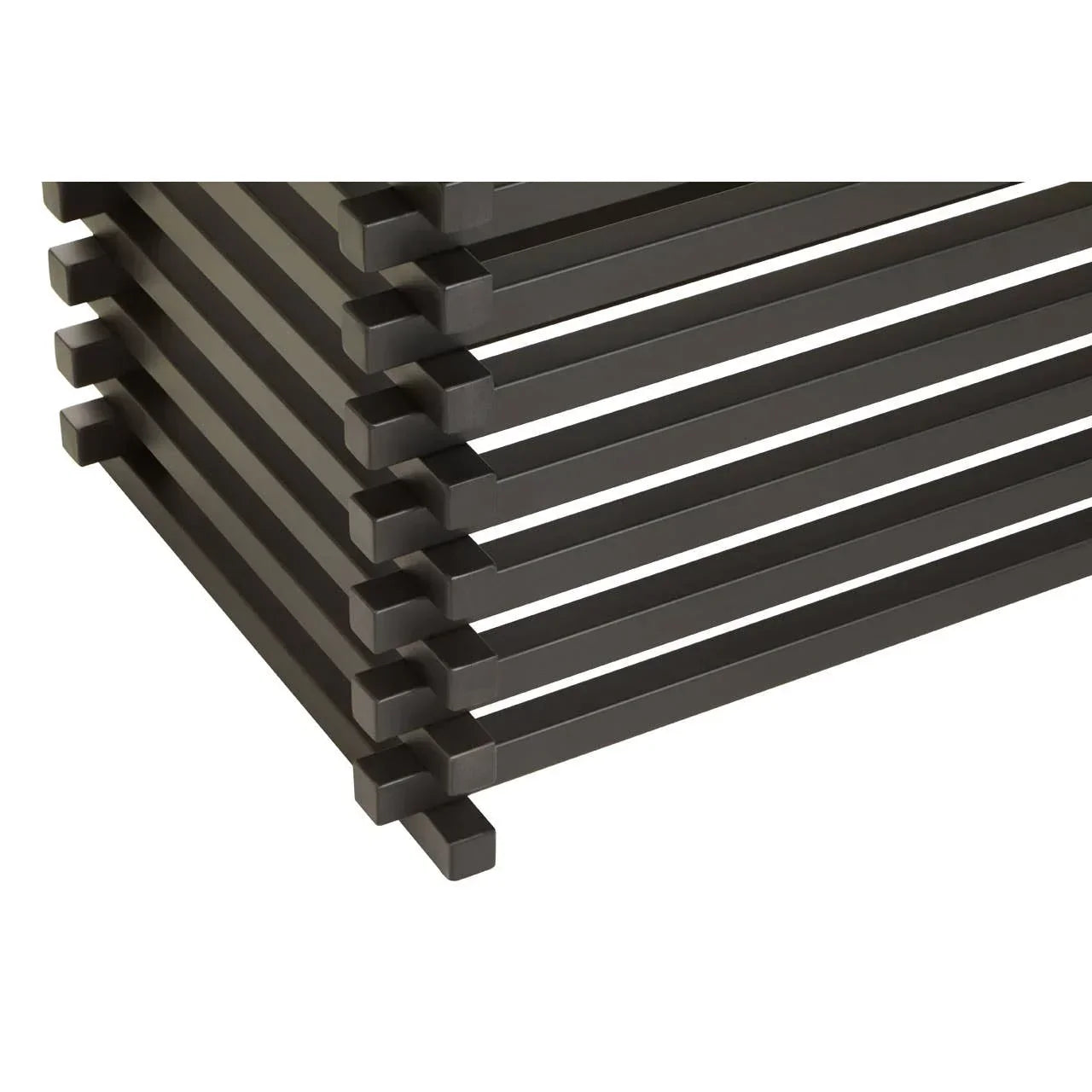 Black metal furniture frame detail with stacked horizontal bars and modern design