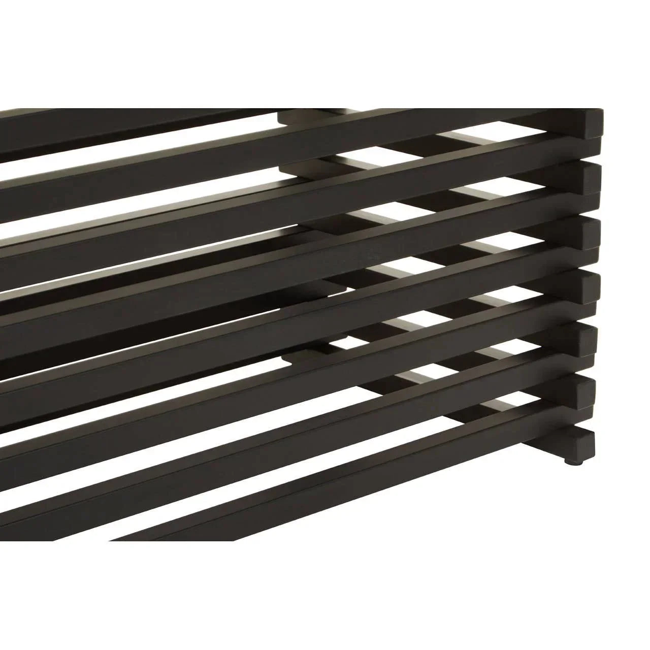 Close-up of black metal slatted furniture base with horizontal bars