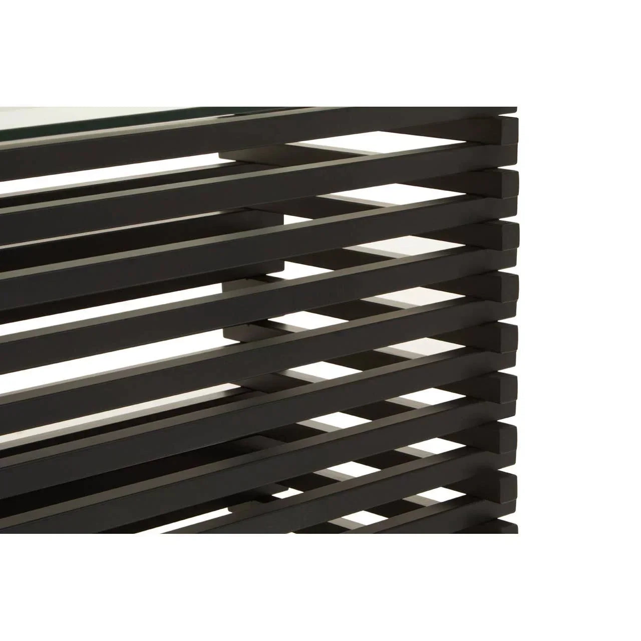Close-up of modern black slatted wooden table base with glass top