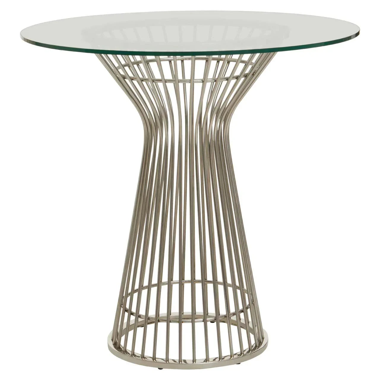 Round glass dining table with chrome metal wire base, modern design