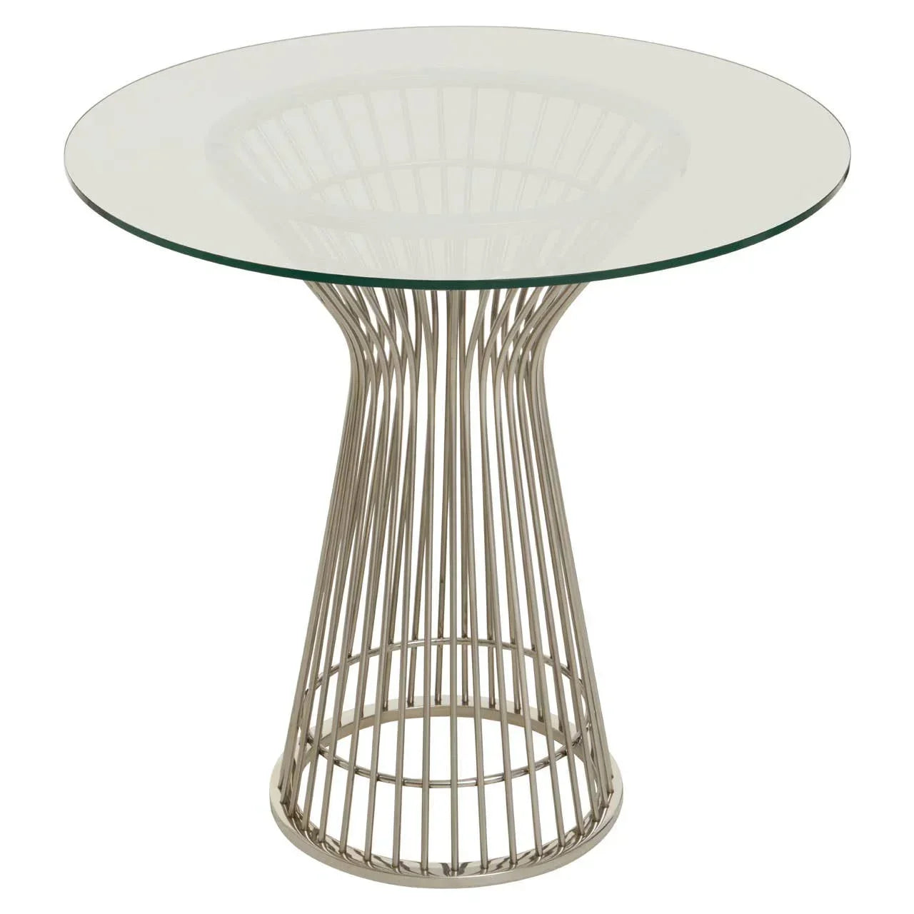 Round glass dining table with metal wire base in silver finish, modern style