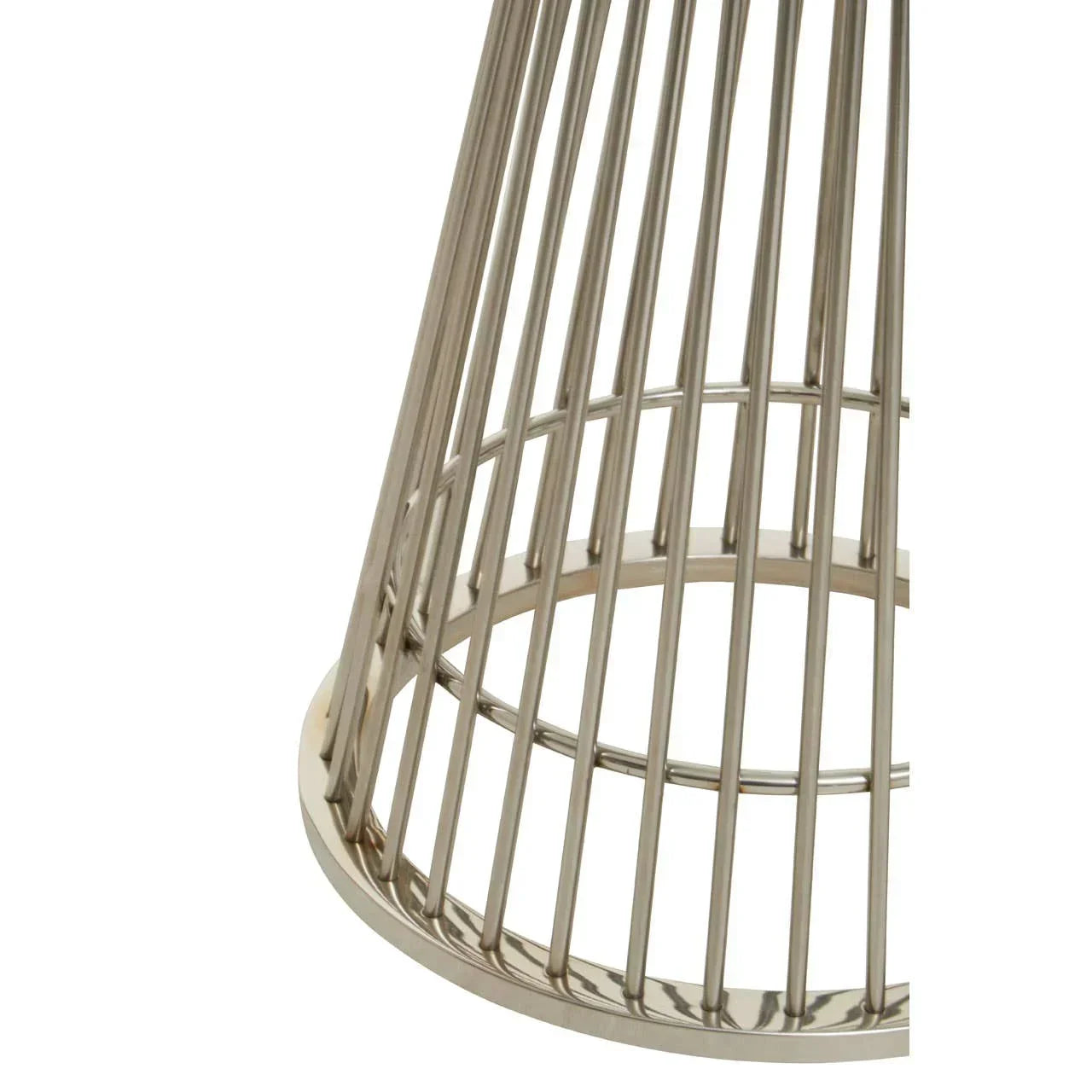 Brushed metal furniture base with open slatted cylindrical design, close-up view