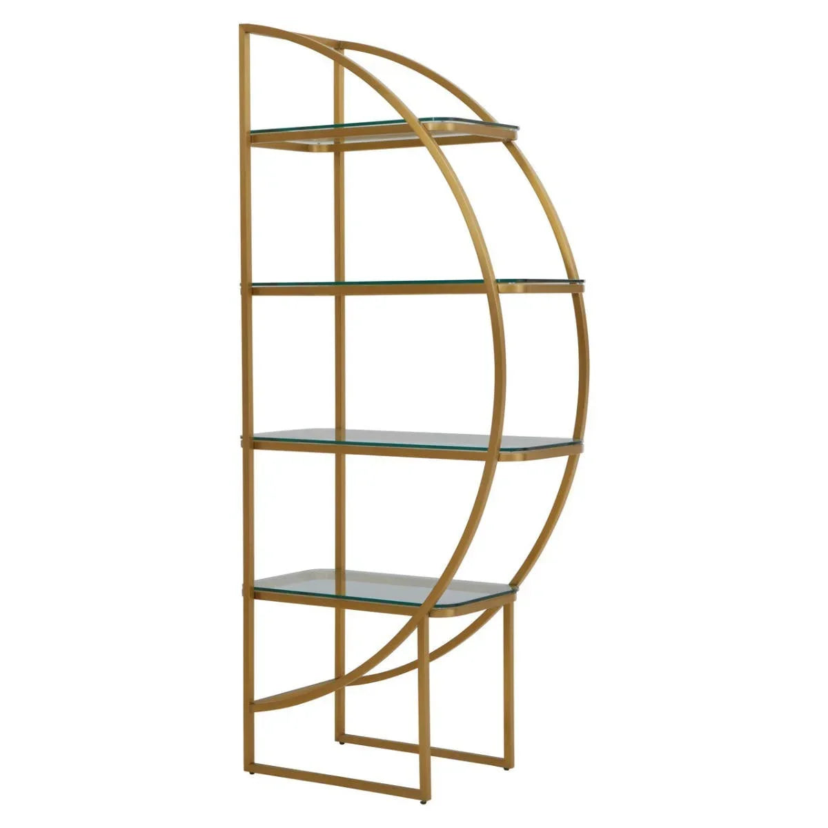 Gold metal shelving unit with glass shelves and modern half-moon frame design