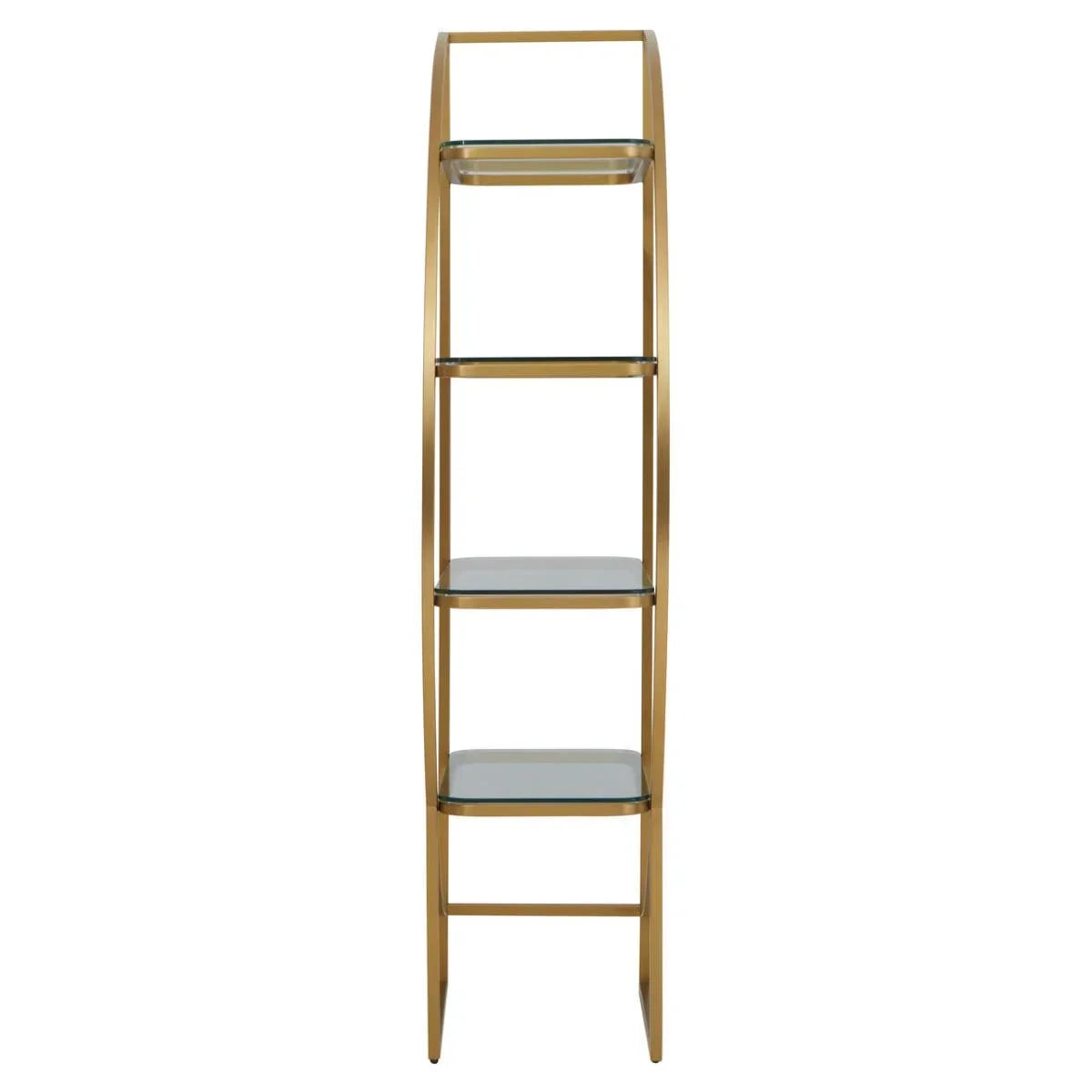 Gold metal shelving unit with four glass shelves, front view