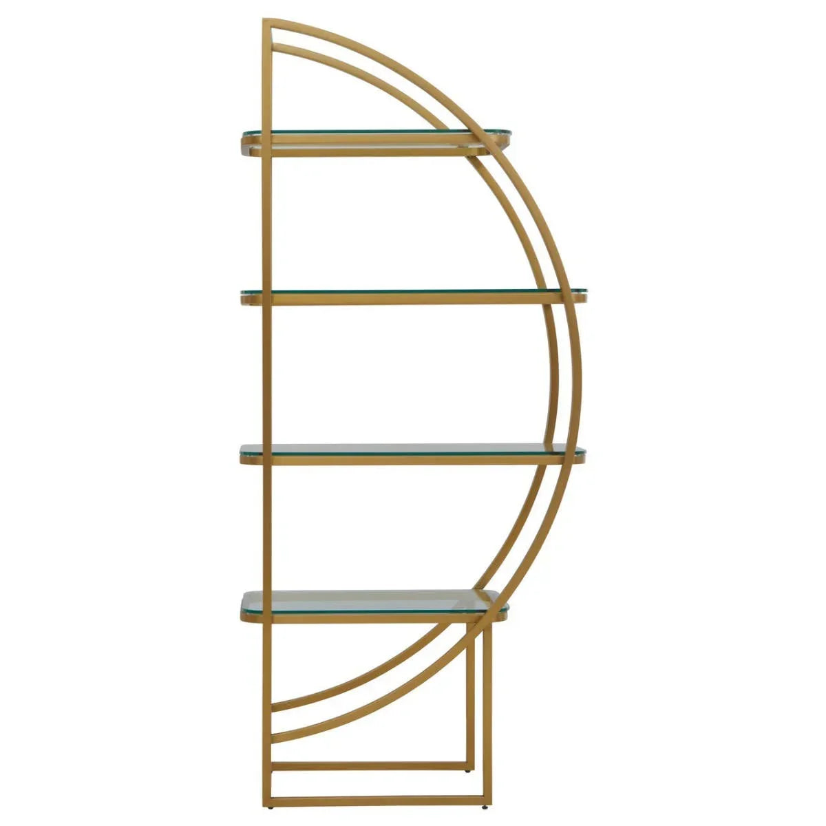 Gold metal and glass shelving unit with semi-circle geometric frame and four shelves