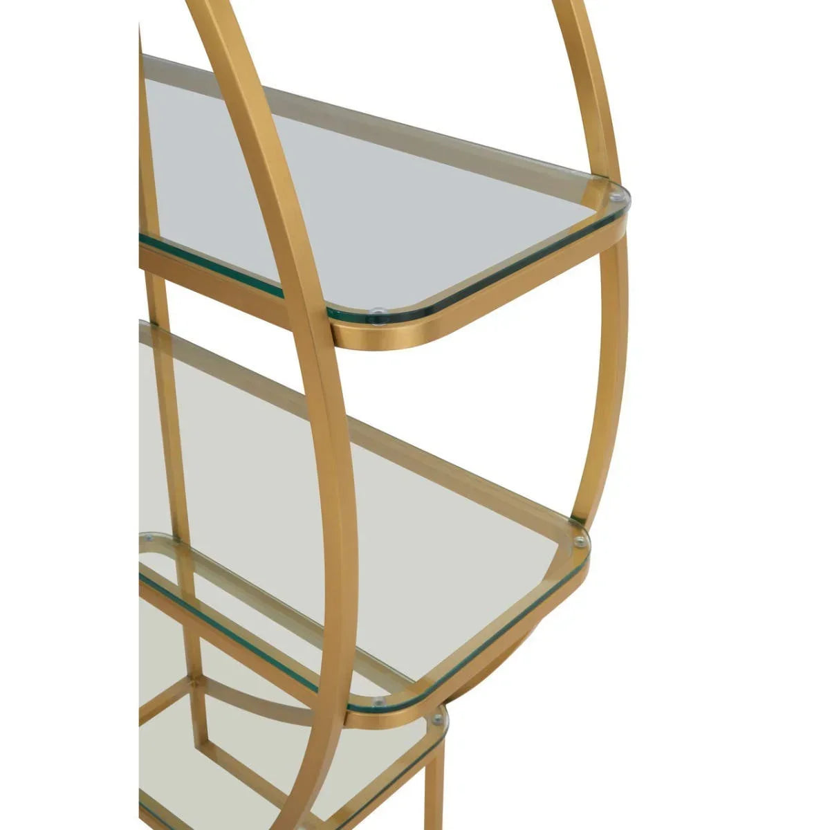 Gold metal and glass shelving unit with curved frame, close-up of shelf corners