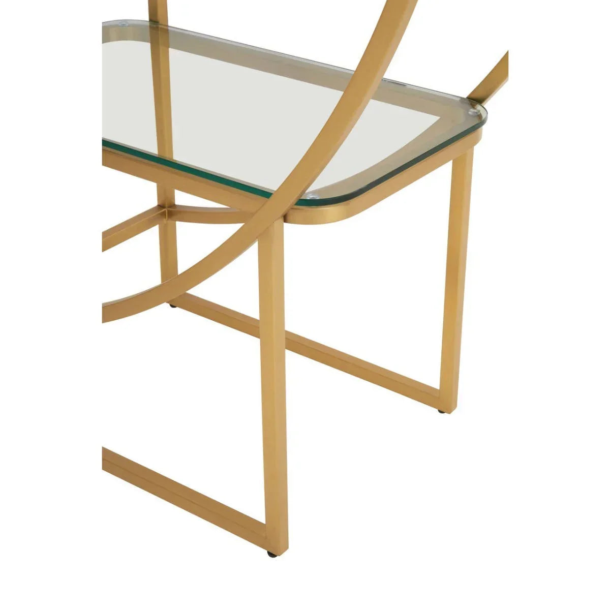 Gold metal chair base with clear glass seat and geometric frame detail