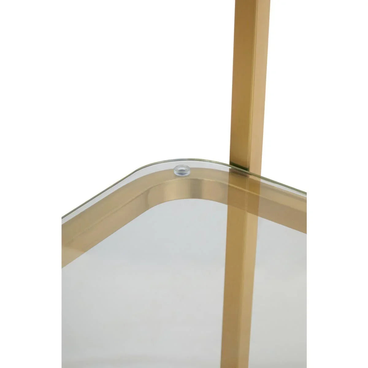 Gold metal and glass side table corner with rounded edge and clear tabletop