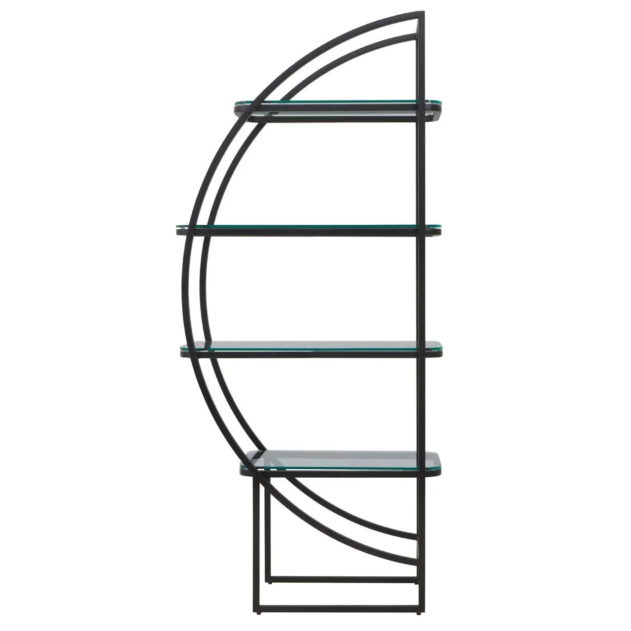 Modern black metal and glass shelving unit with curved geometric design, side view
