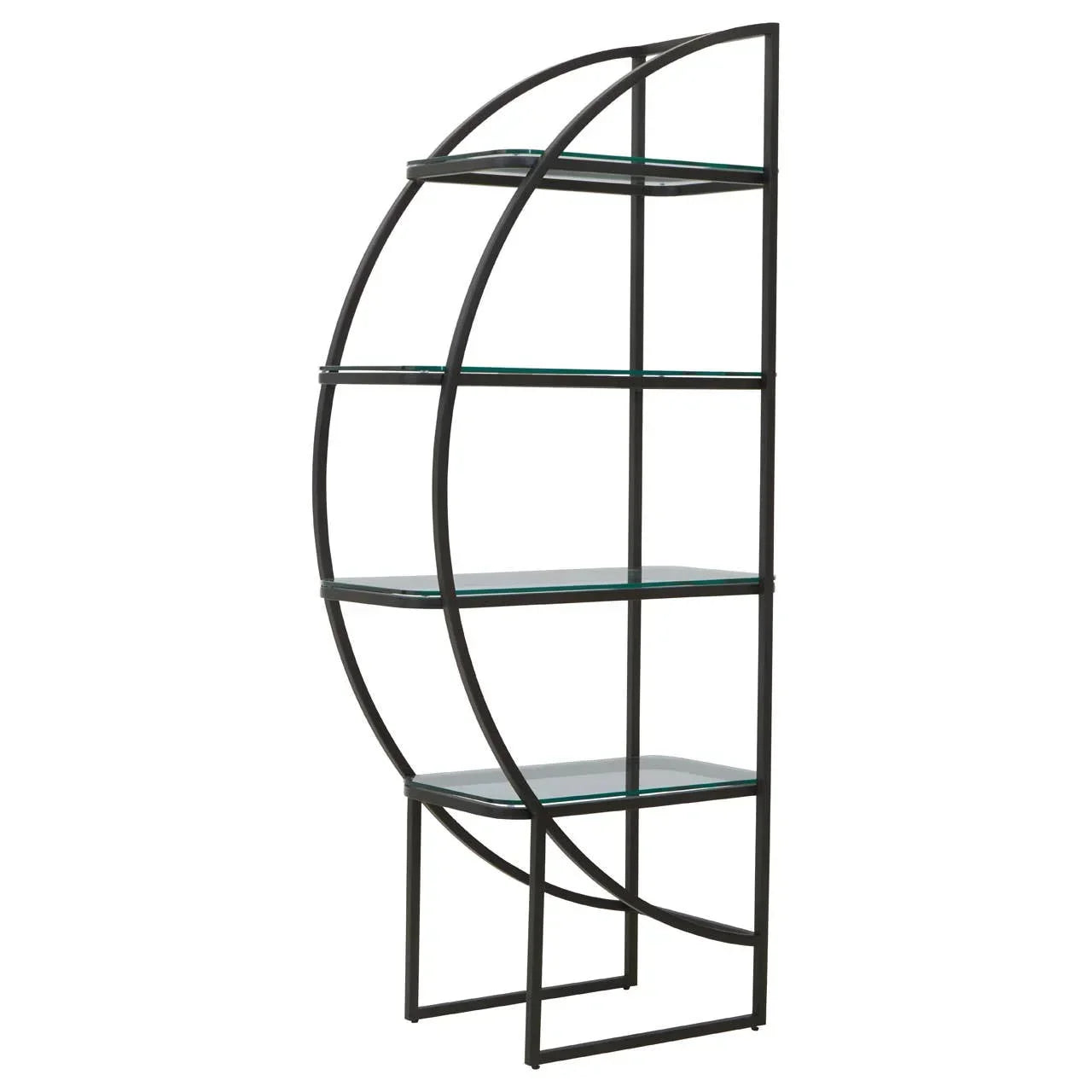 black metal and glass shelving unit with curved side profile and four shelves