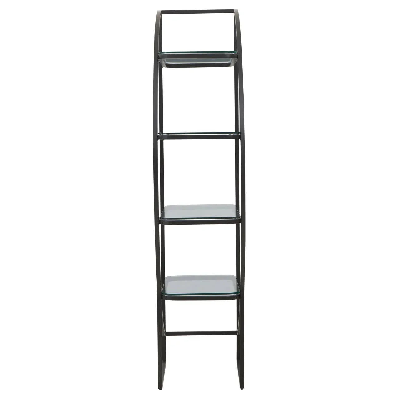 Black metal frame shelving unit with four glass shelves, front view