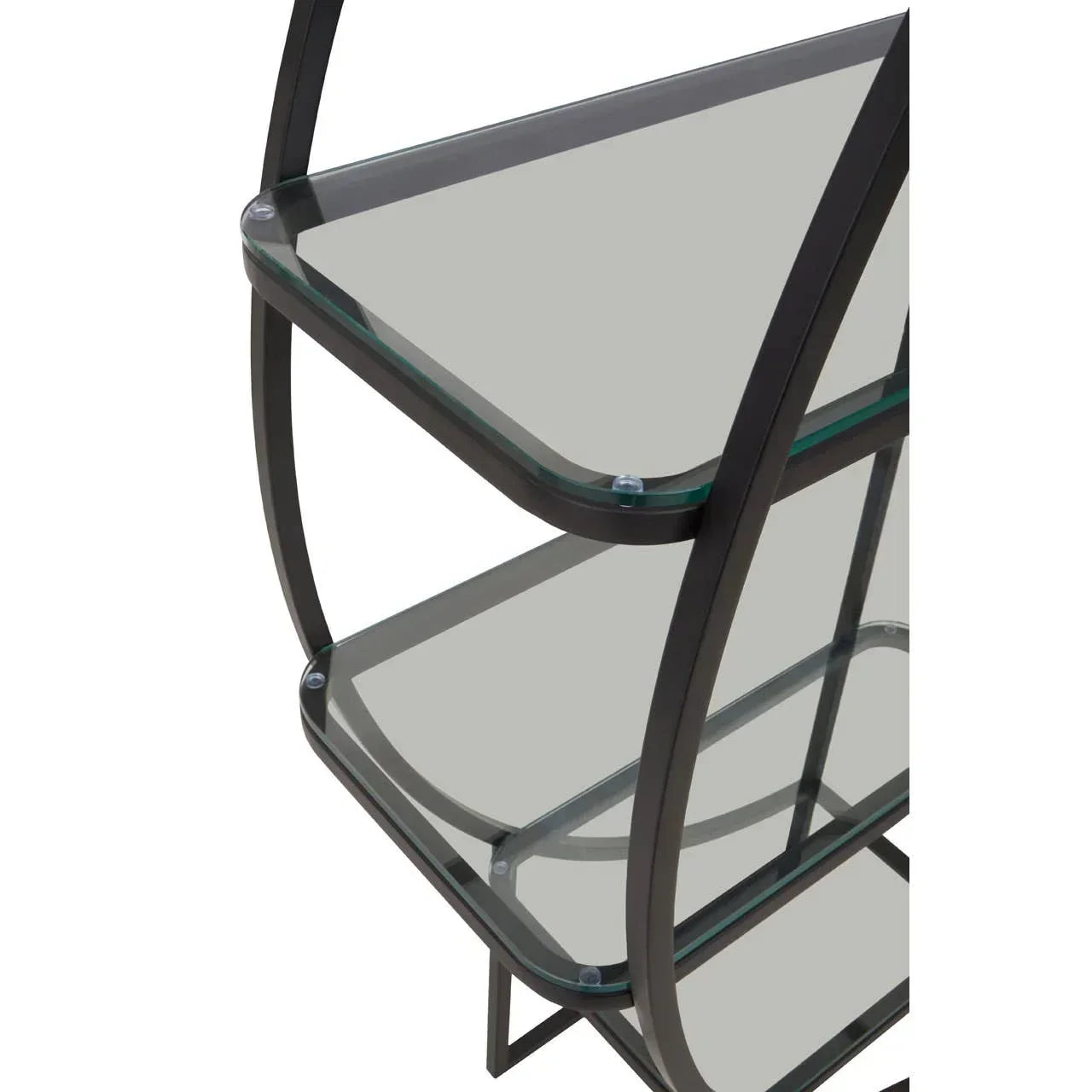 Black metal and glass shelving unit with curved frame, close-up of corner shelves