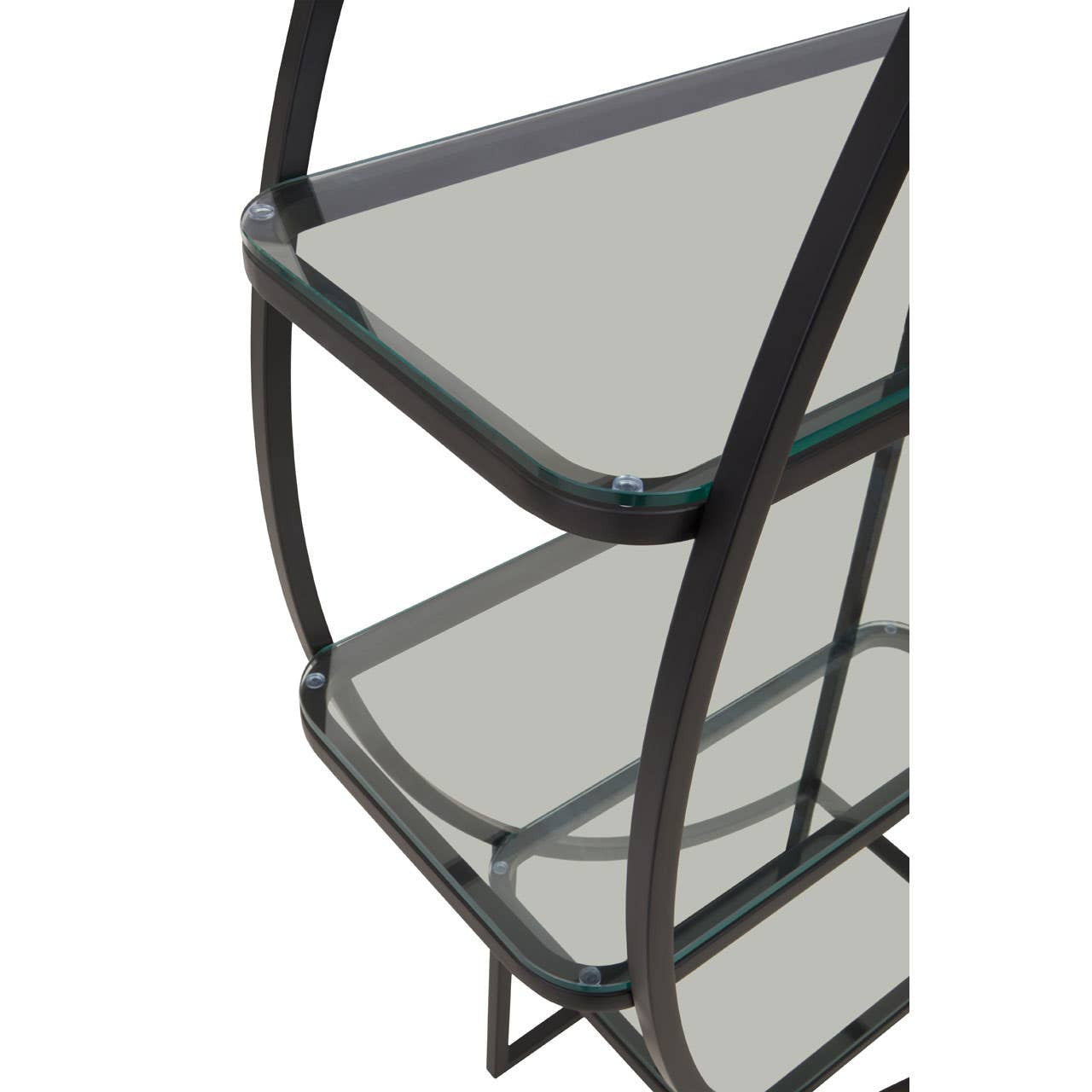 Black half-moon shelf unit with three glass shelves supported by a sleek black metal frame, showcasing a modern and minimalist design