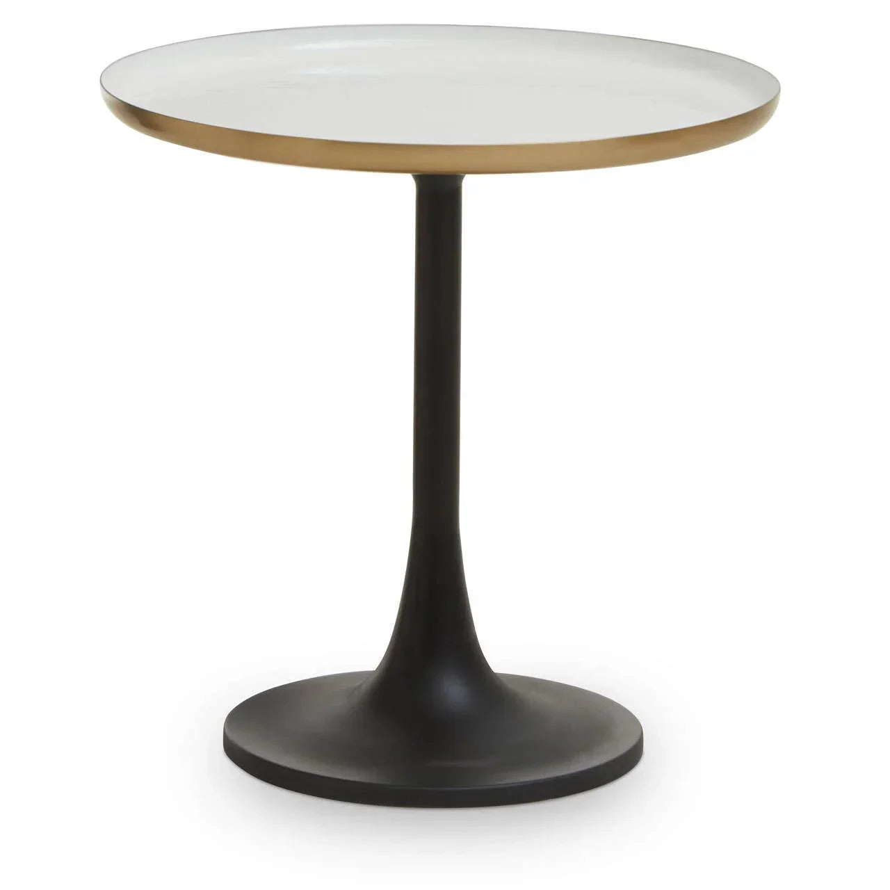 Round side table with white top, gold edge, and black pedestal base