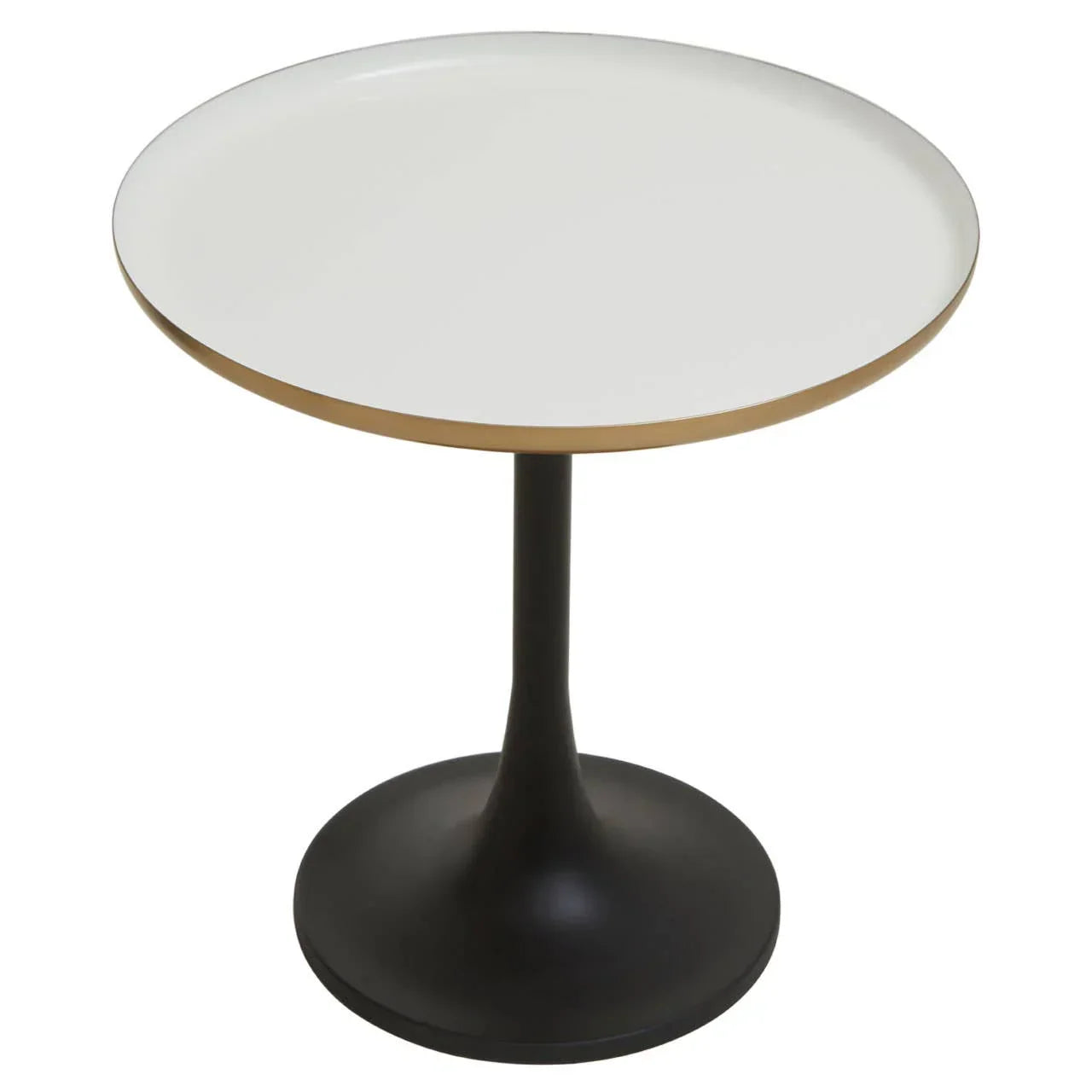 Round side table with white top, gold edge and black pedestal base