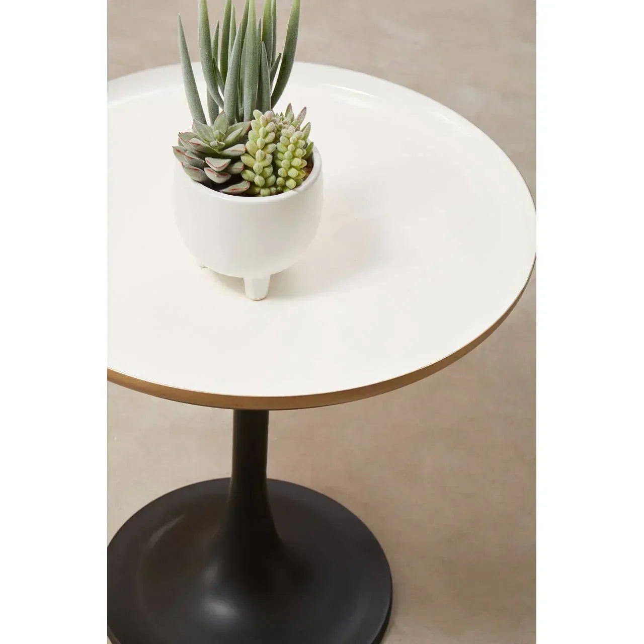 Round side table with white tabletop and black pedestal base, small succulent planter on top