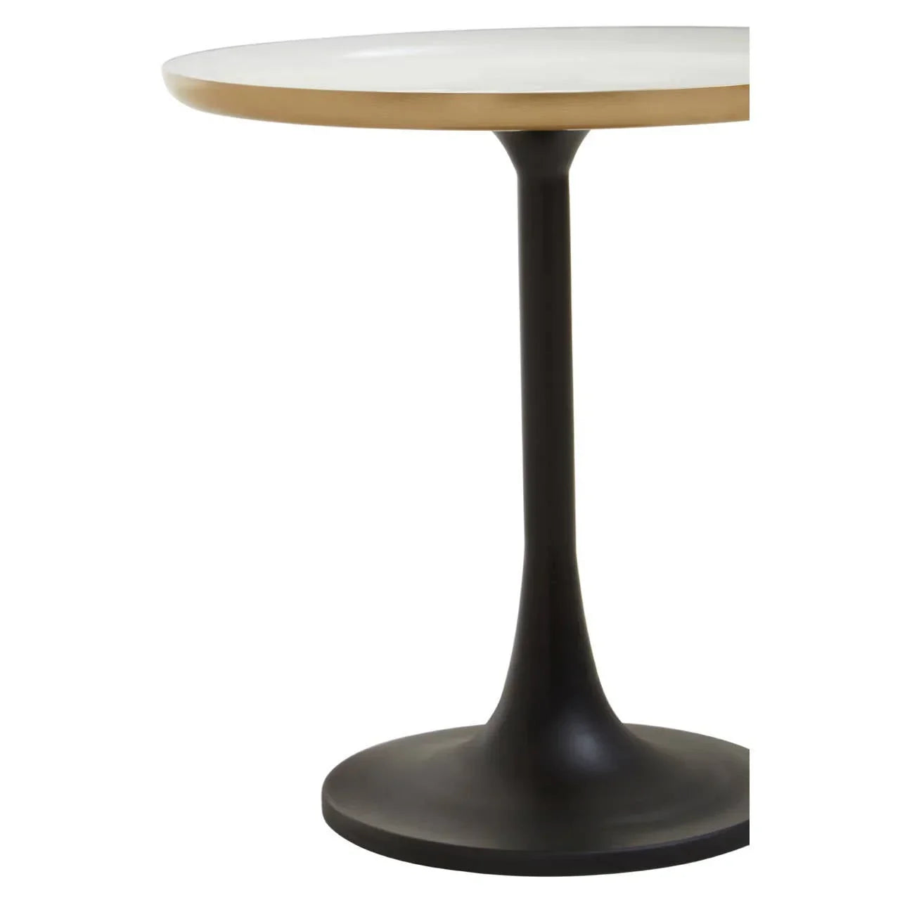 Round dining table with matte black pedestal base and white tabletop, side angle view