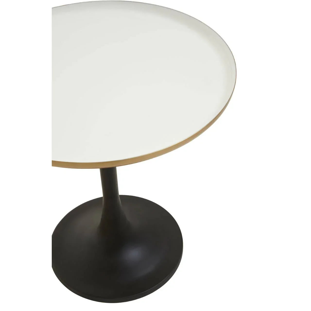 Round dining table with white top and black pedestal base, close-up angle