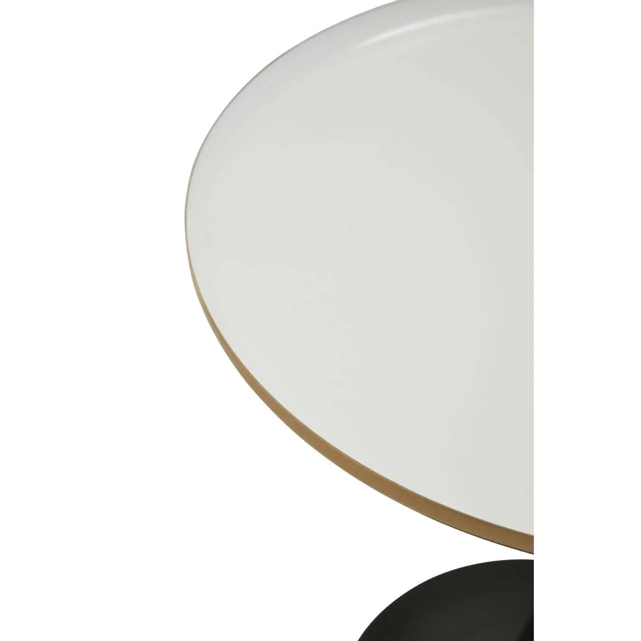 Close-up of round dining table with white tabletop and wooden edge