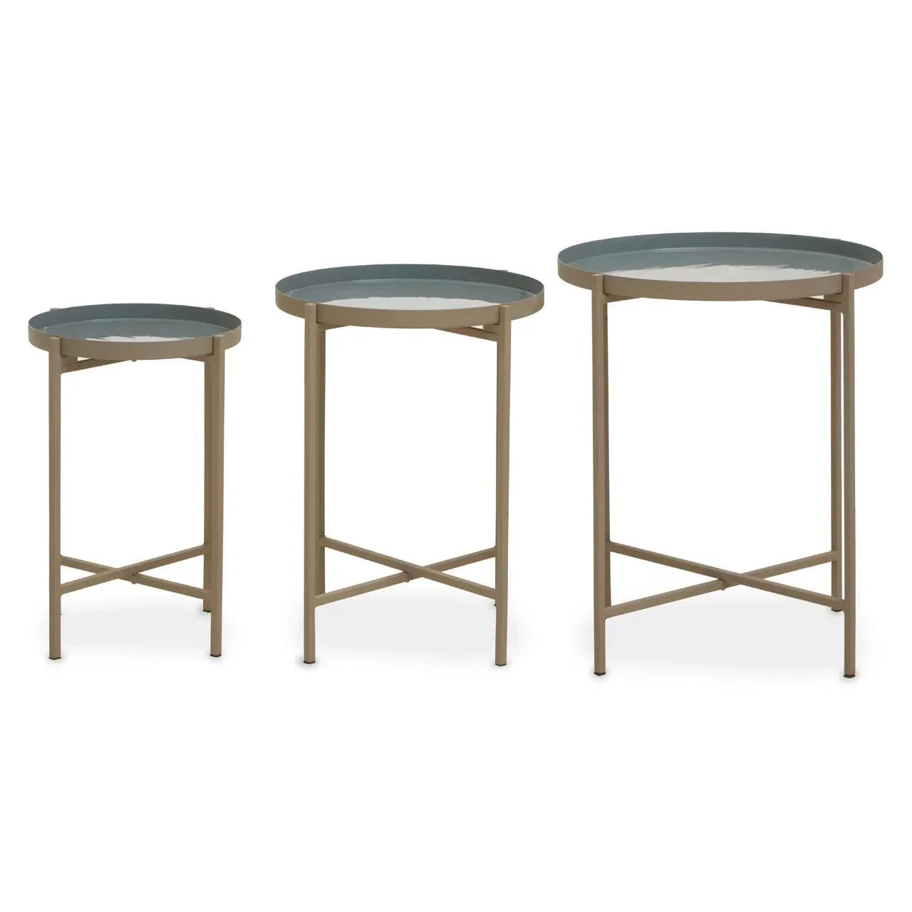 Set of three round metal nesting tables with beige frames and grey tray tops