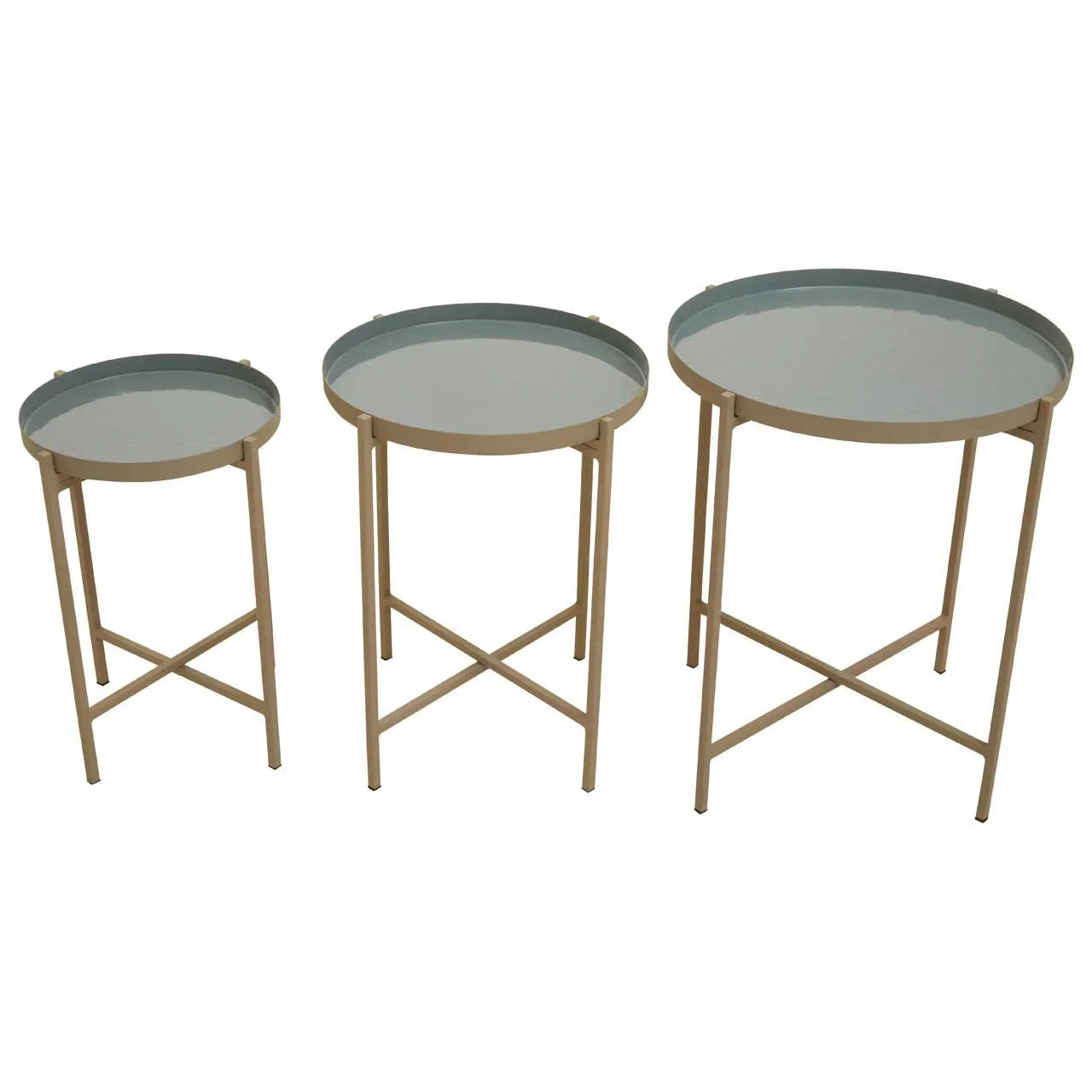 Set of three round metal nesting side tables with beige frames and light blue tops