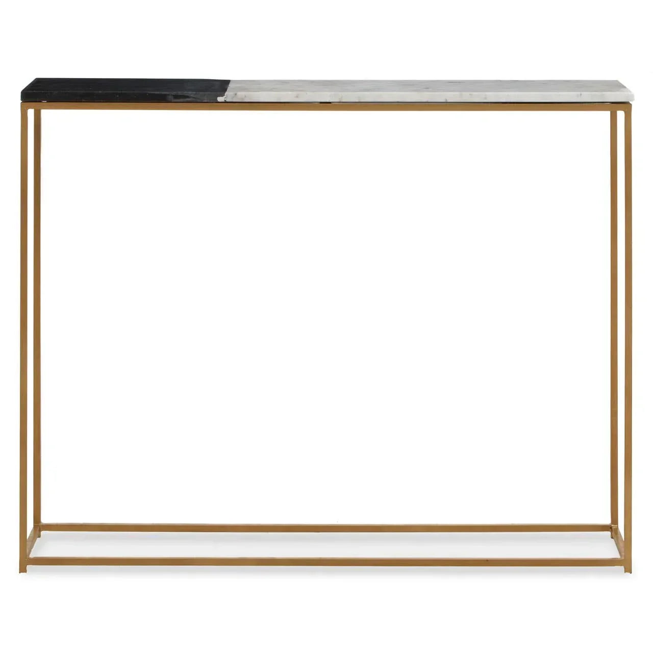 Marble console table with gold metal frame, black and white stone top, front view