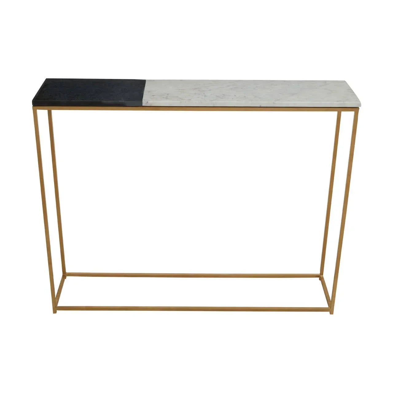 Rectangular console table with black and white marble top and slim gold metal frame