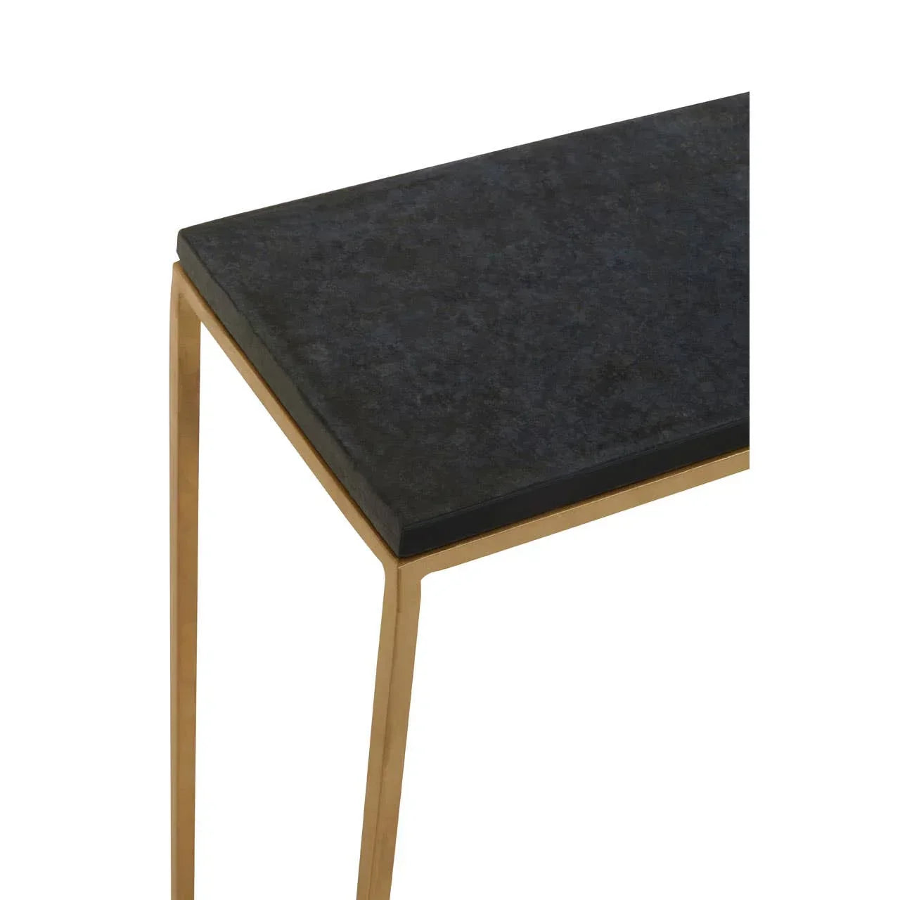Black stone top side table with slim gold metal frame, corner close-up view