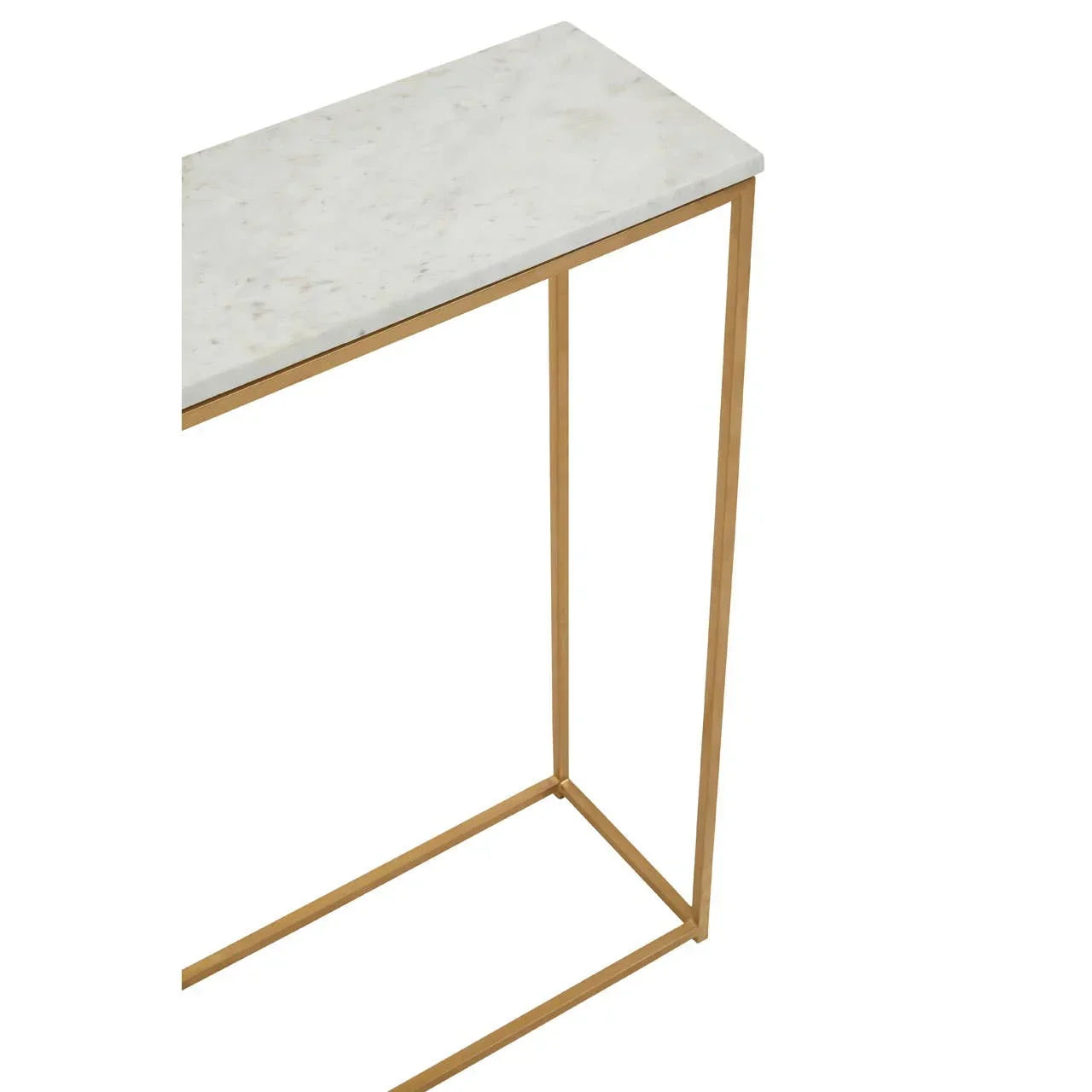 Narrow marble top console table with slim gold metal frame, corner angle view