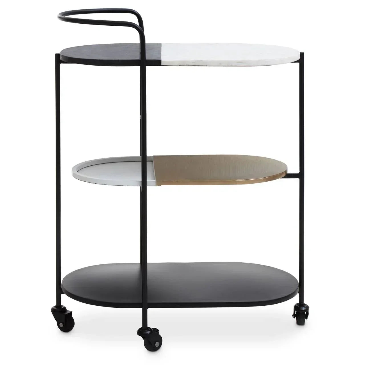 Black and white drinks trolley with three oval shelves and caster wheels