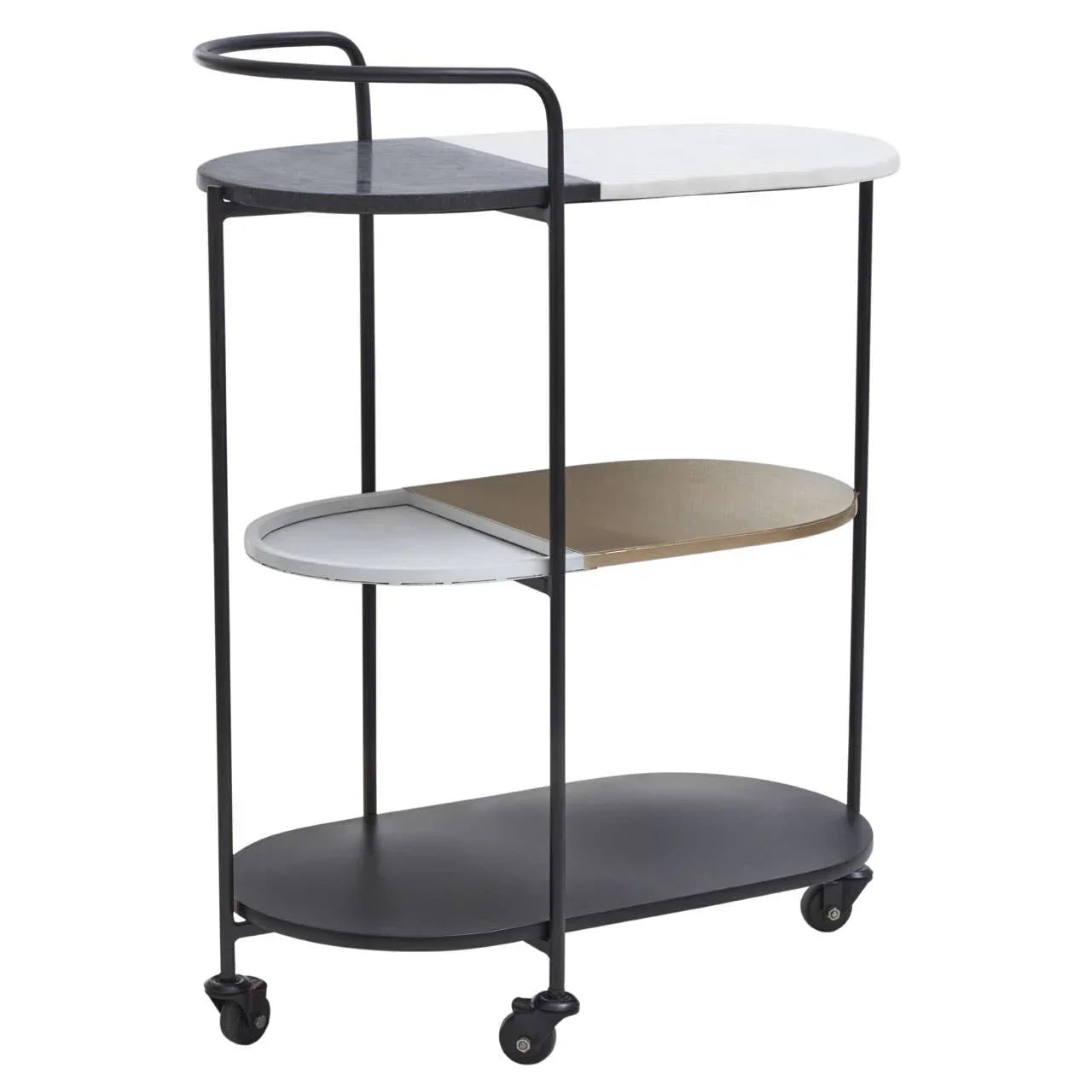 Three-tier serving trolley with black metal frame, mixed marble shelves and wheels
