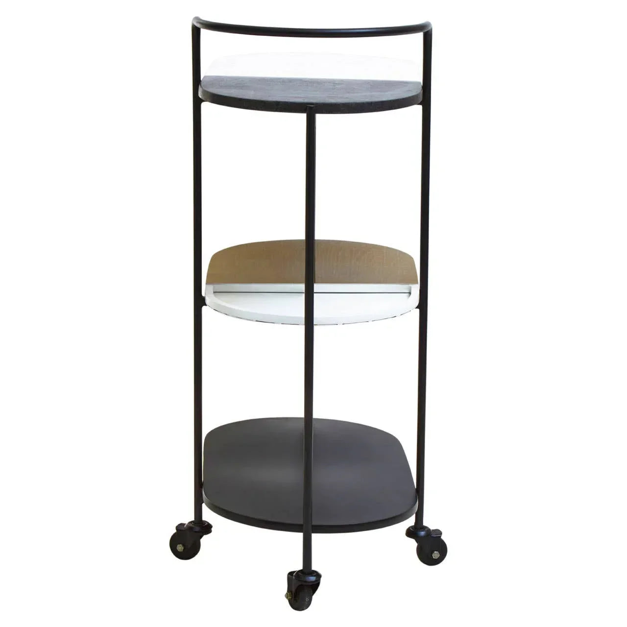 Three tier serving trolley with black metal frame and caster wheels, front view